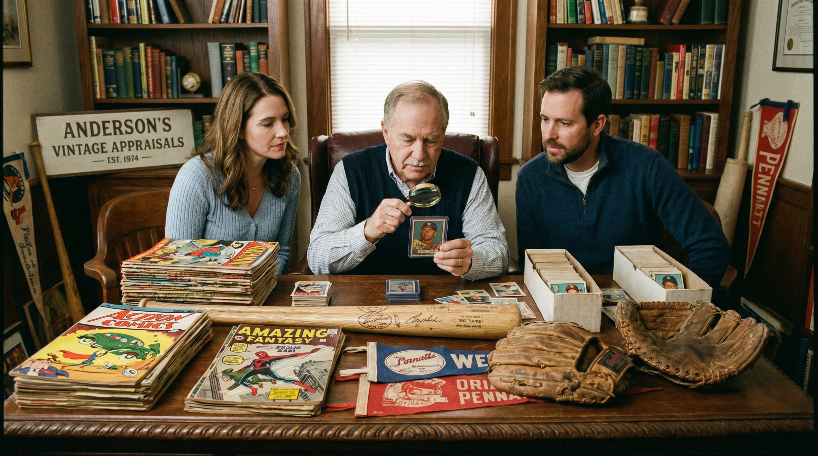 vintage collectibles including baseball cards, comic books, and sports memorabilia arranged on a table for appraisal
