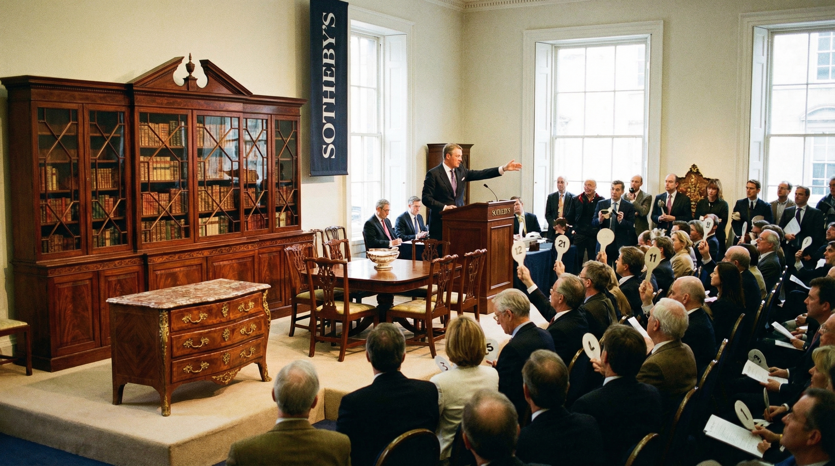 antique furniture displayed at auction house