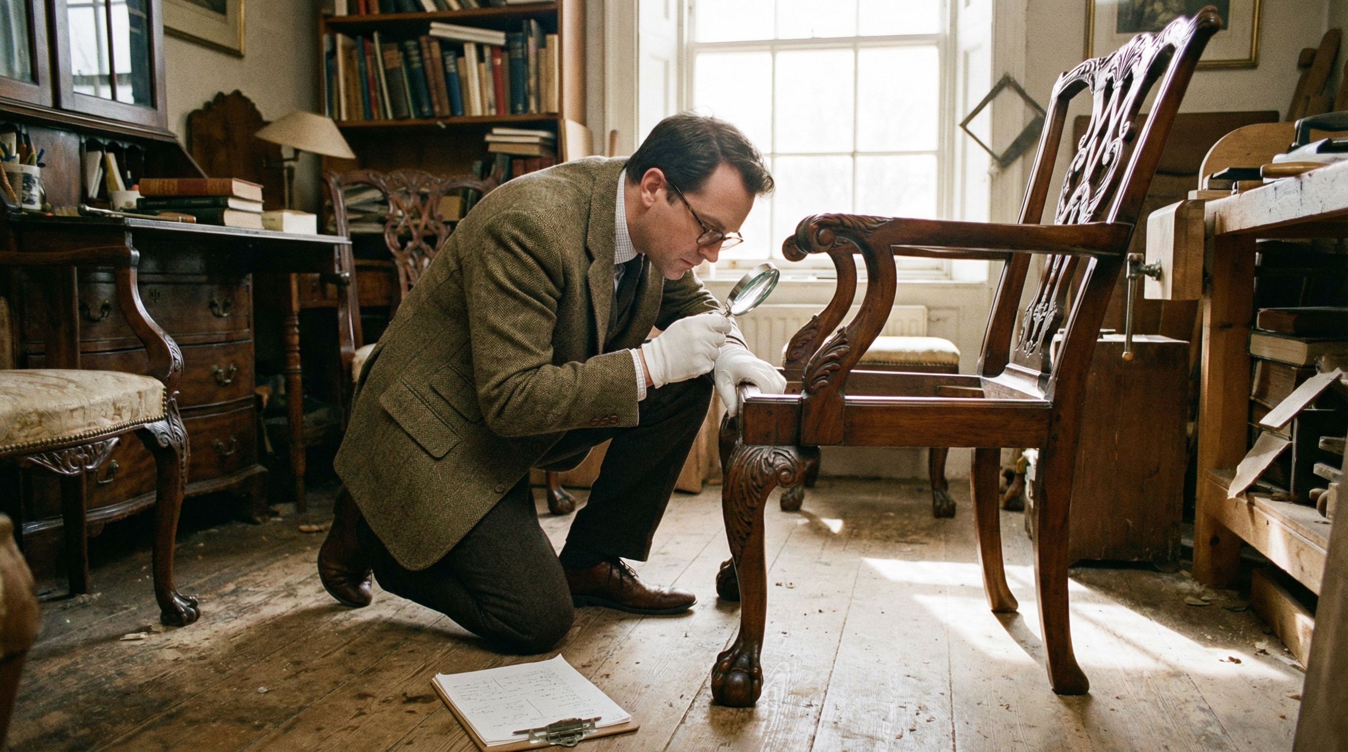 professional appraiser examining antique chair