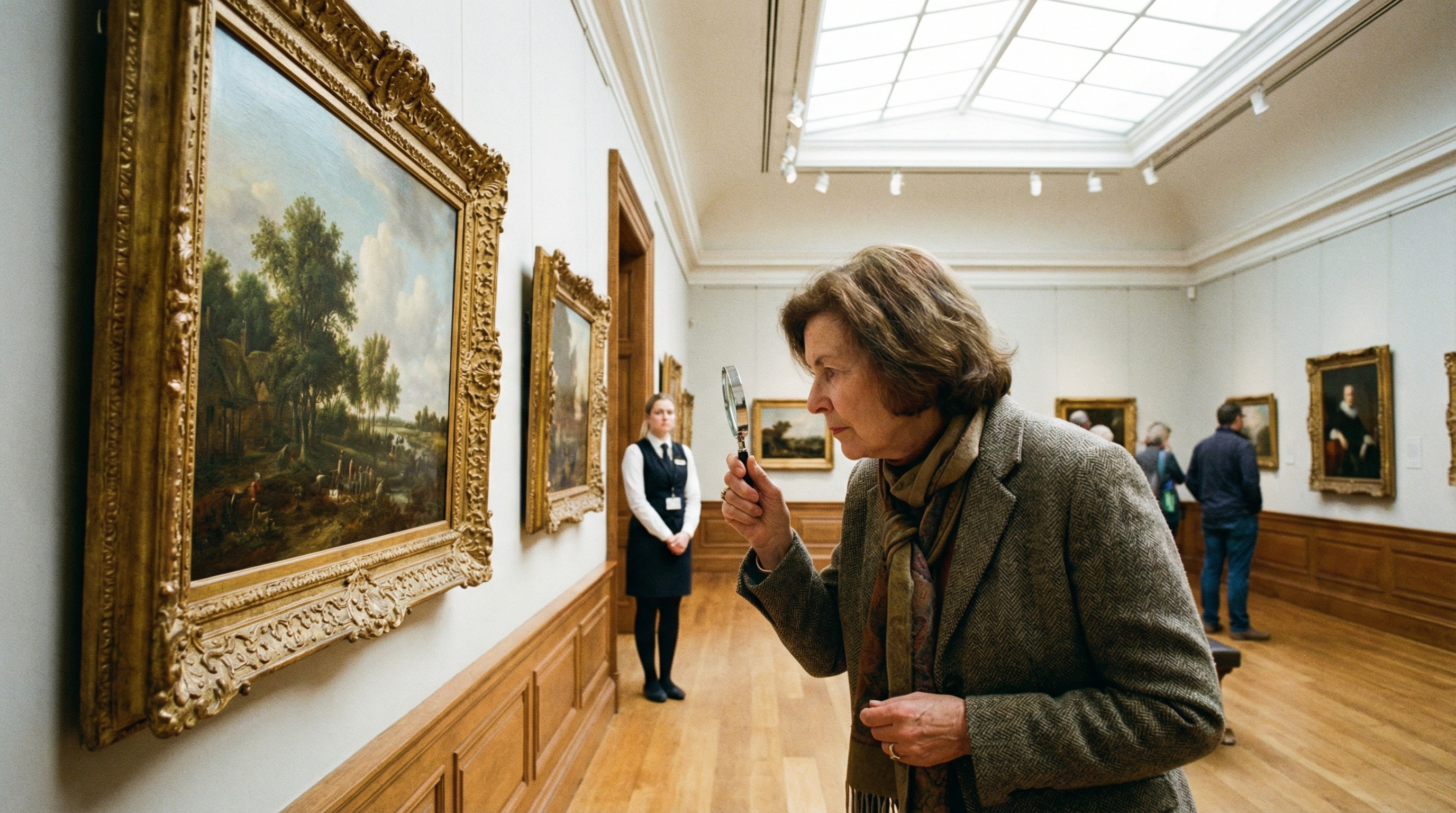 Professional art appraiser examining an antique painting with magnifying glass