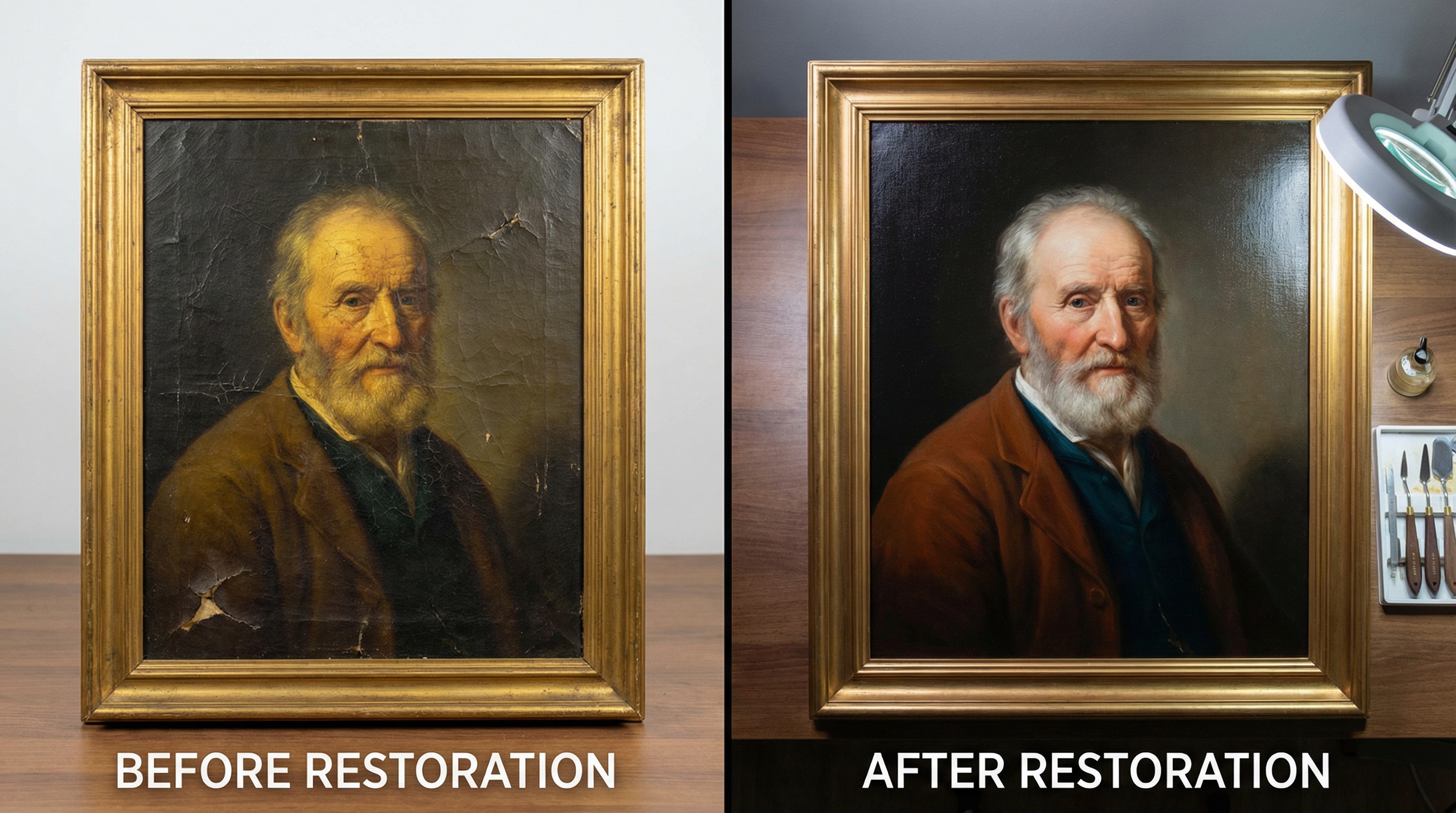 Before and after comparison of antique painting restoration