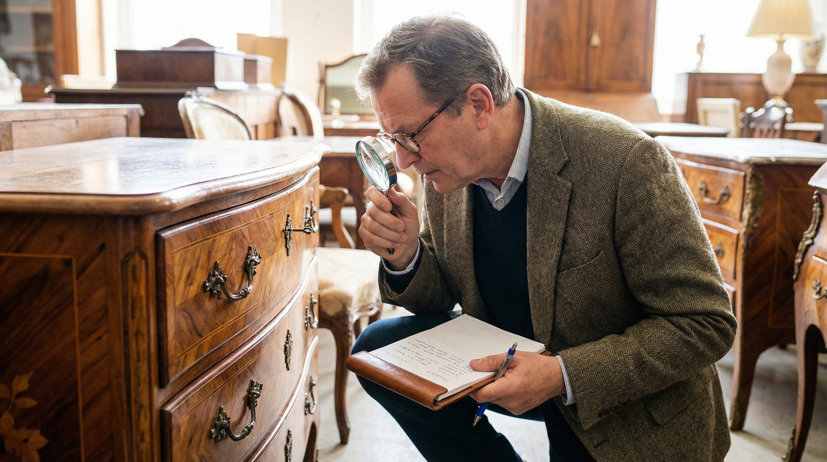 Professional appraiser examining antique furniture