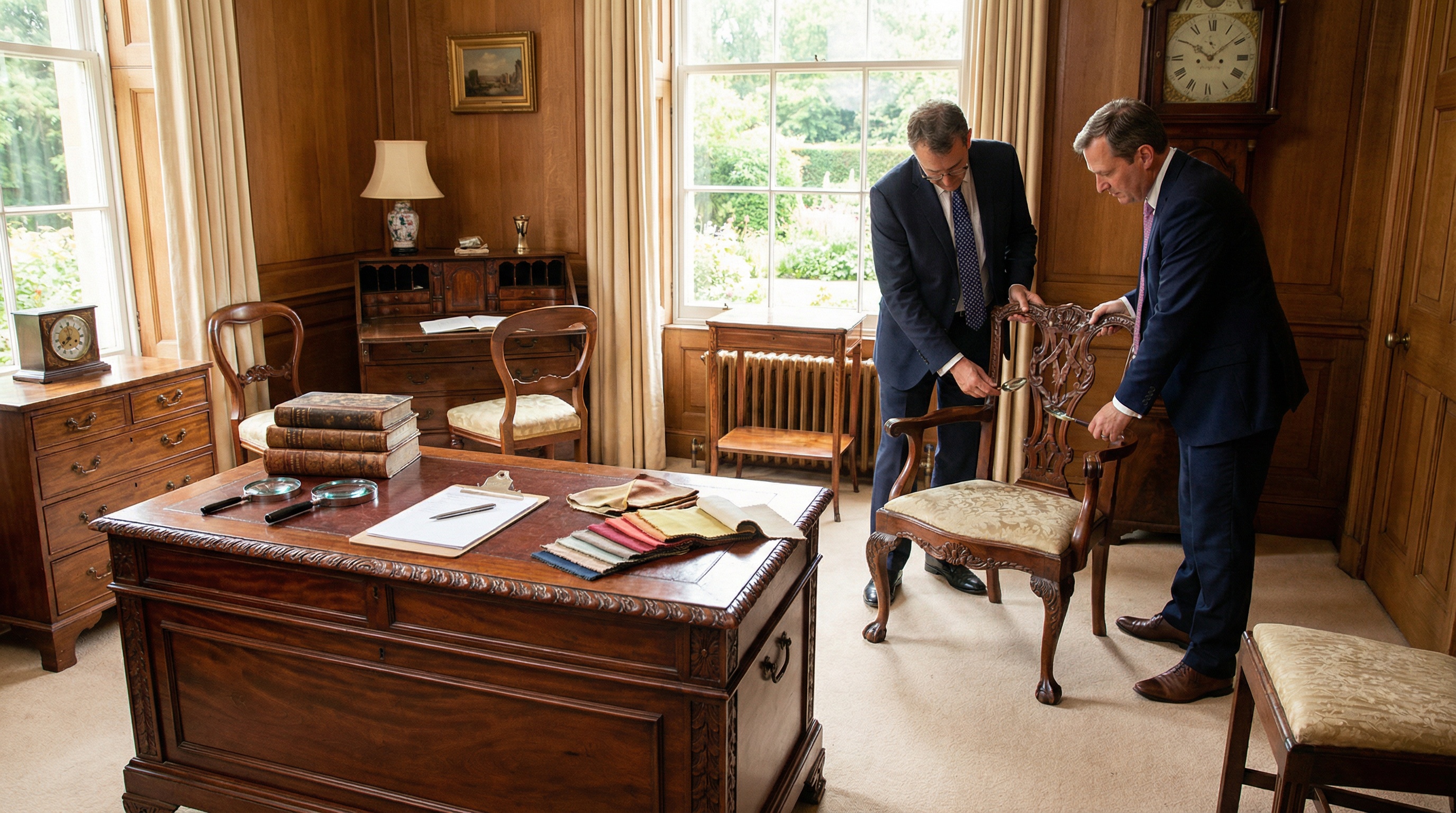 Antique furniture appraisal preparation scene