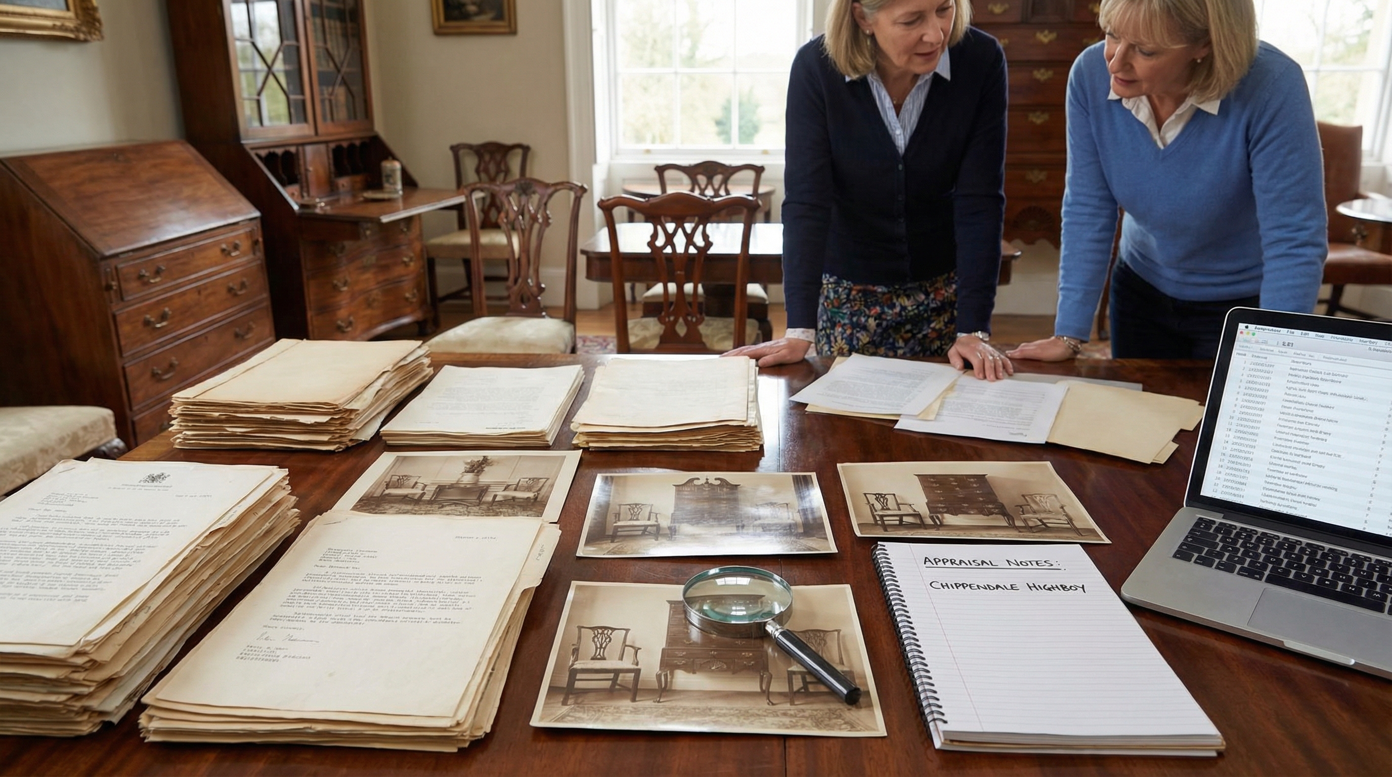 Documents and photos organized for appraisal