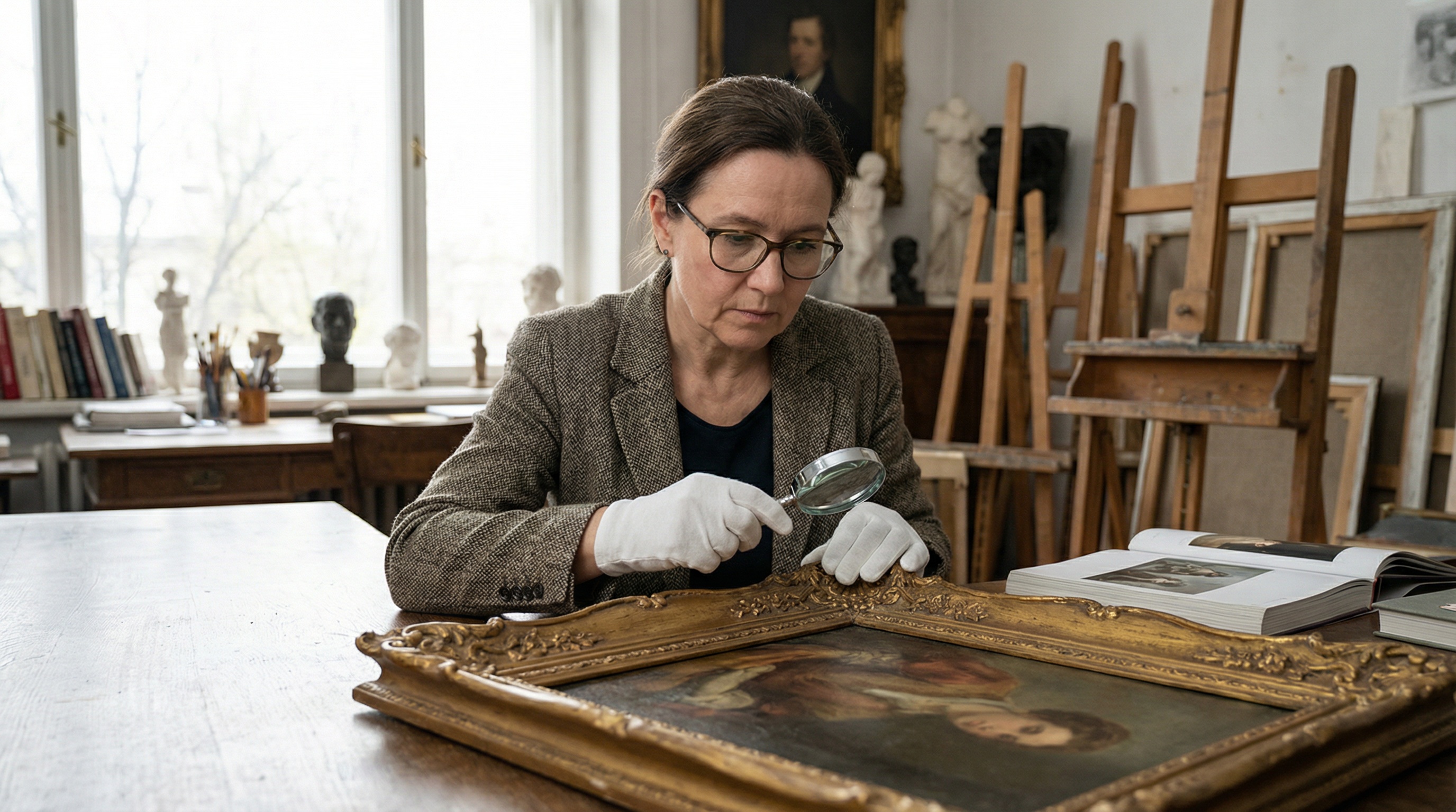 Professional appraiser examining vintage painting