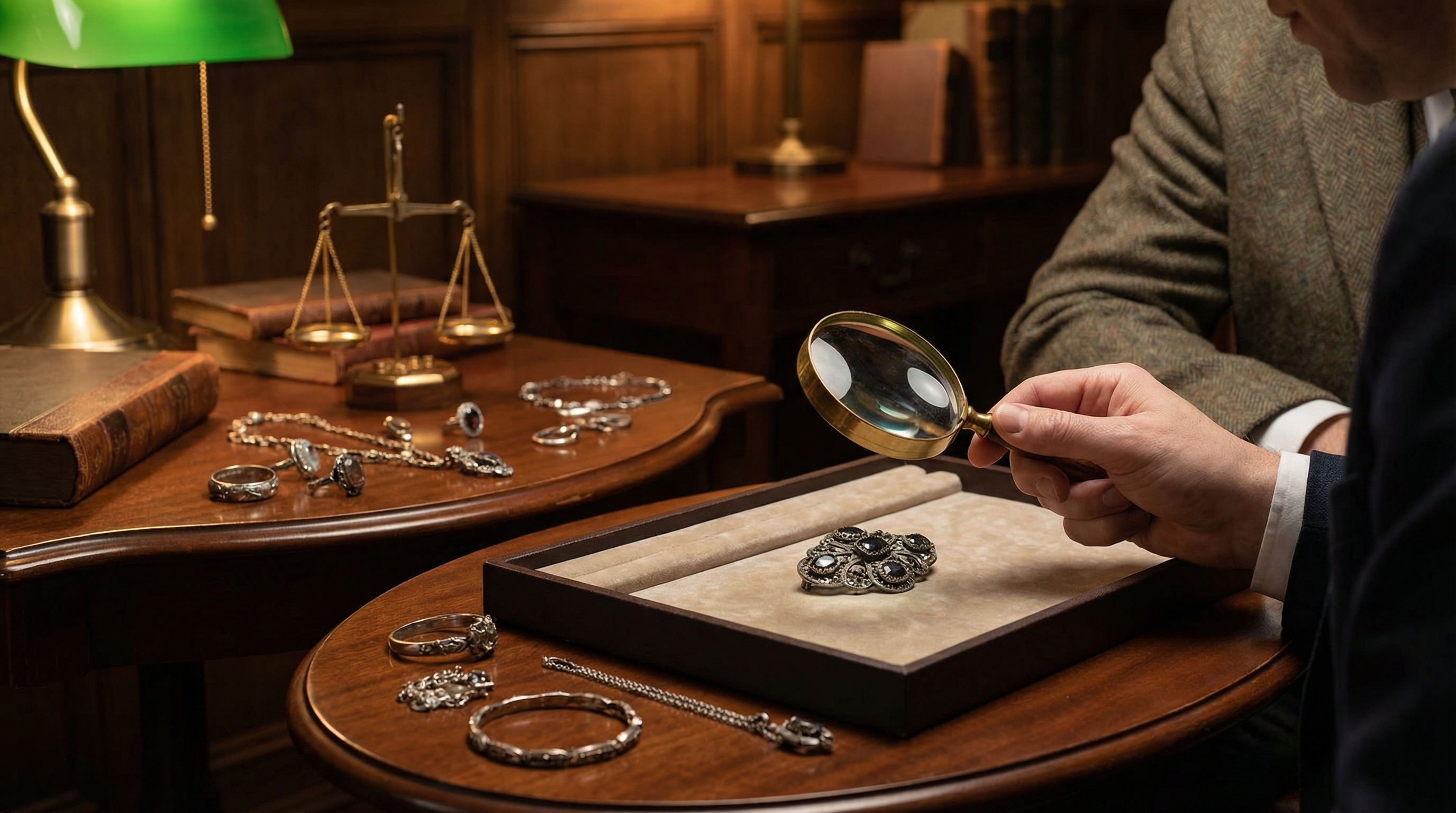 Antique jewelry appraisal process with magnifying glass and vintage pieces