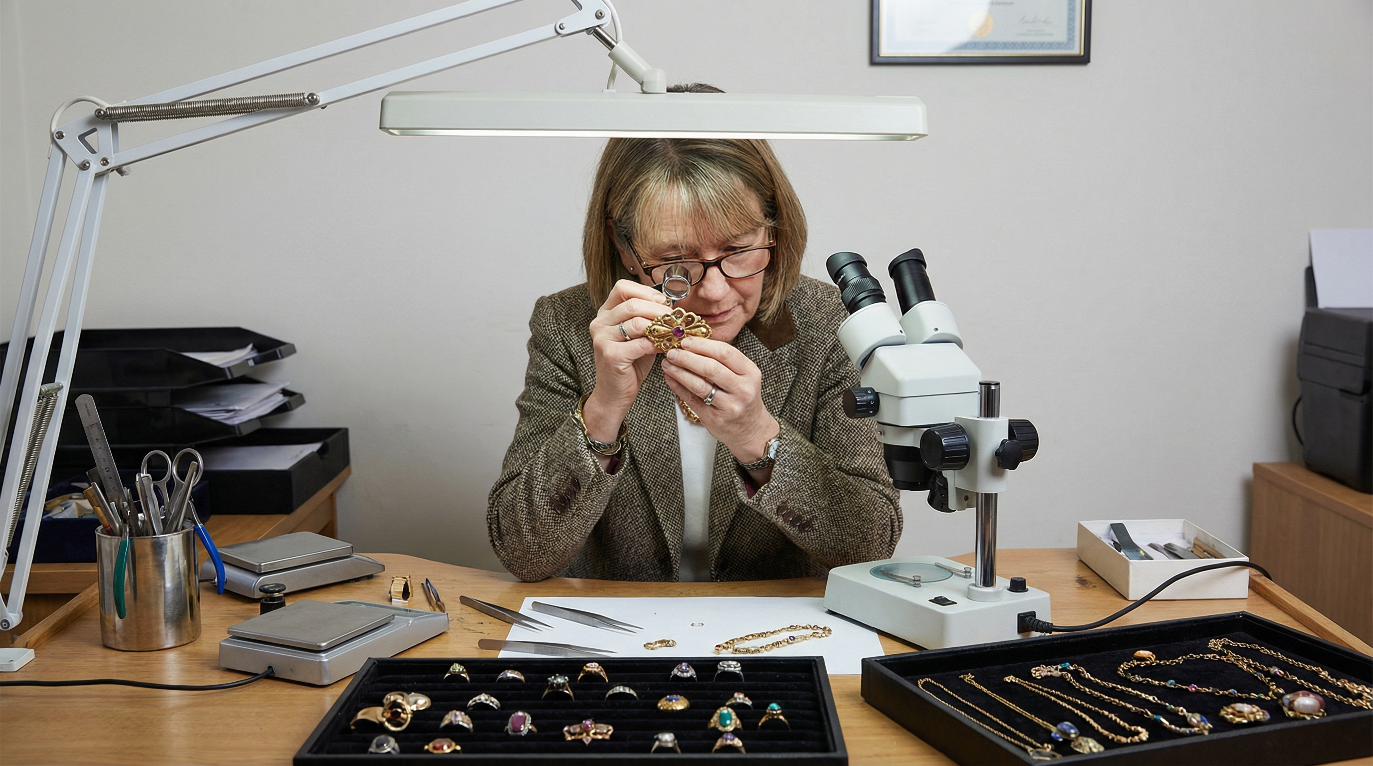 Certified appraiser examining antique jewelry with professional tools