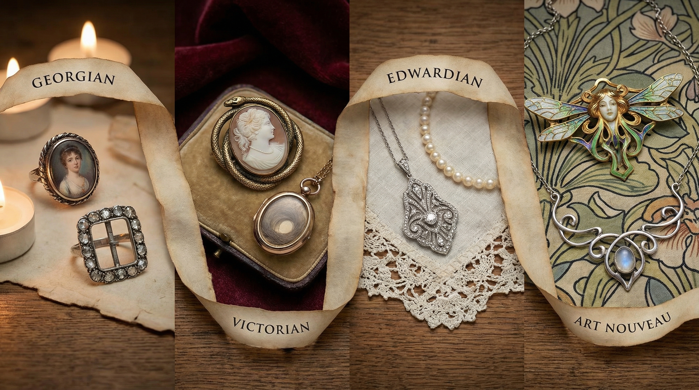 Timeline showing different antique jewelry periods with examples