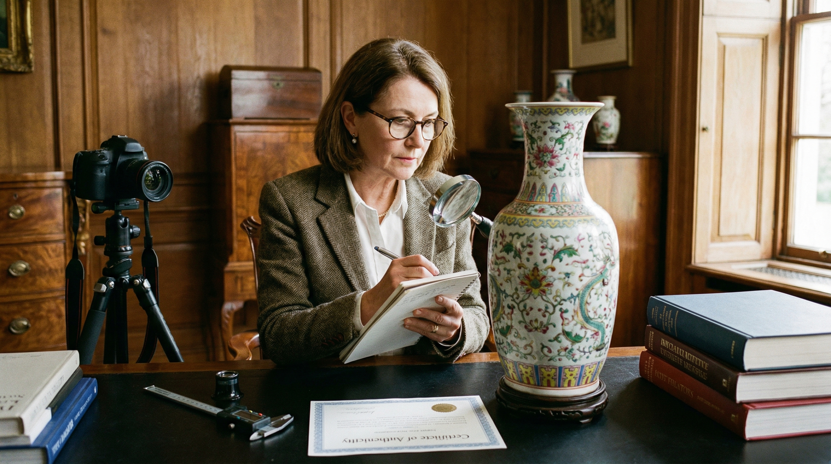 Professional appraiser examining antique vase with documentation