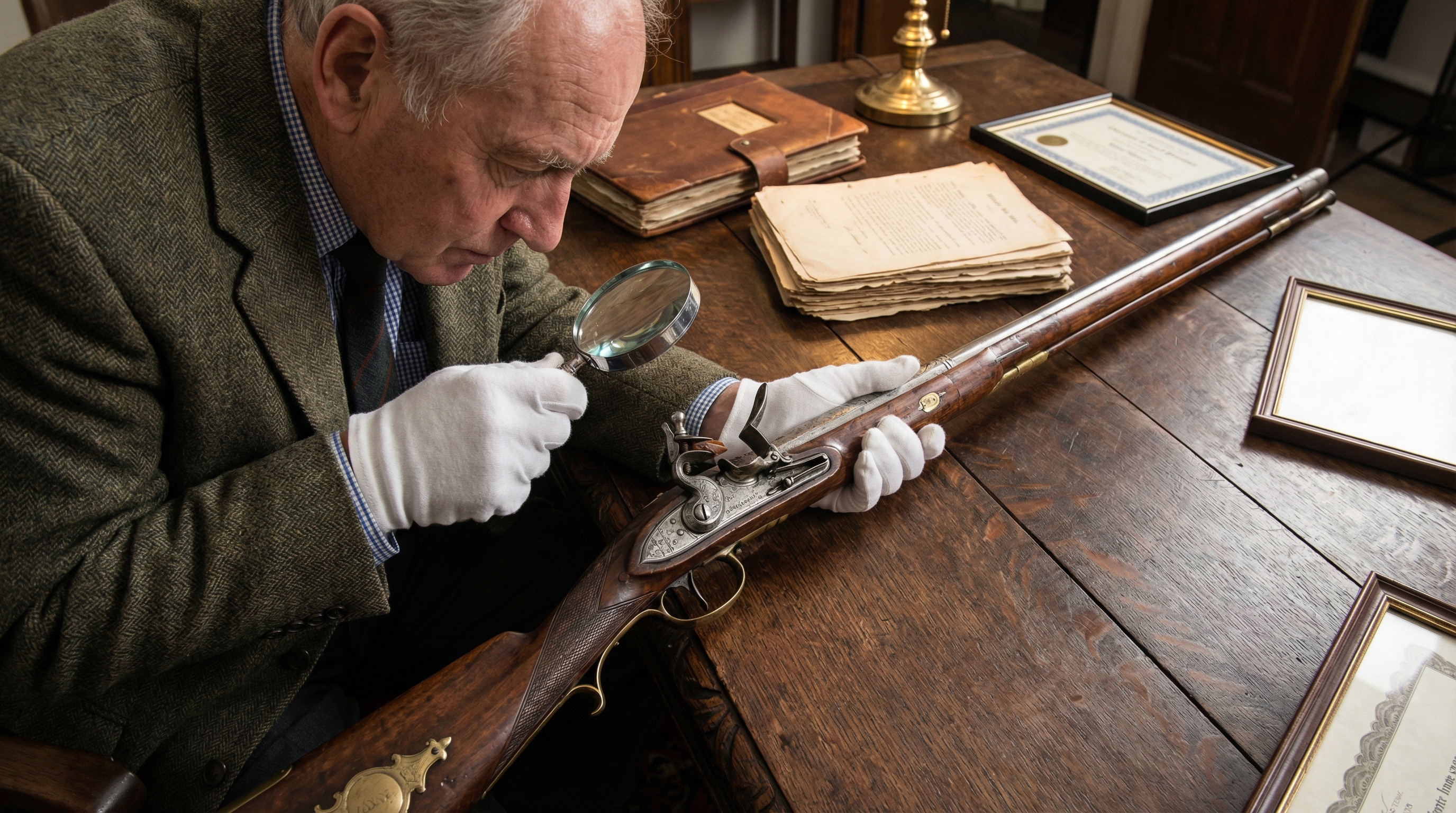 Professional appraiser examining an antique rifle with magnifying glass and documentation on a wooden table