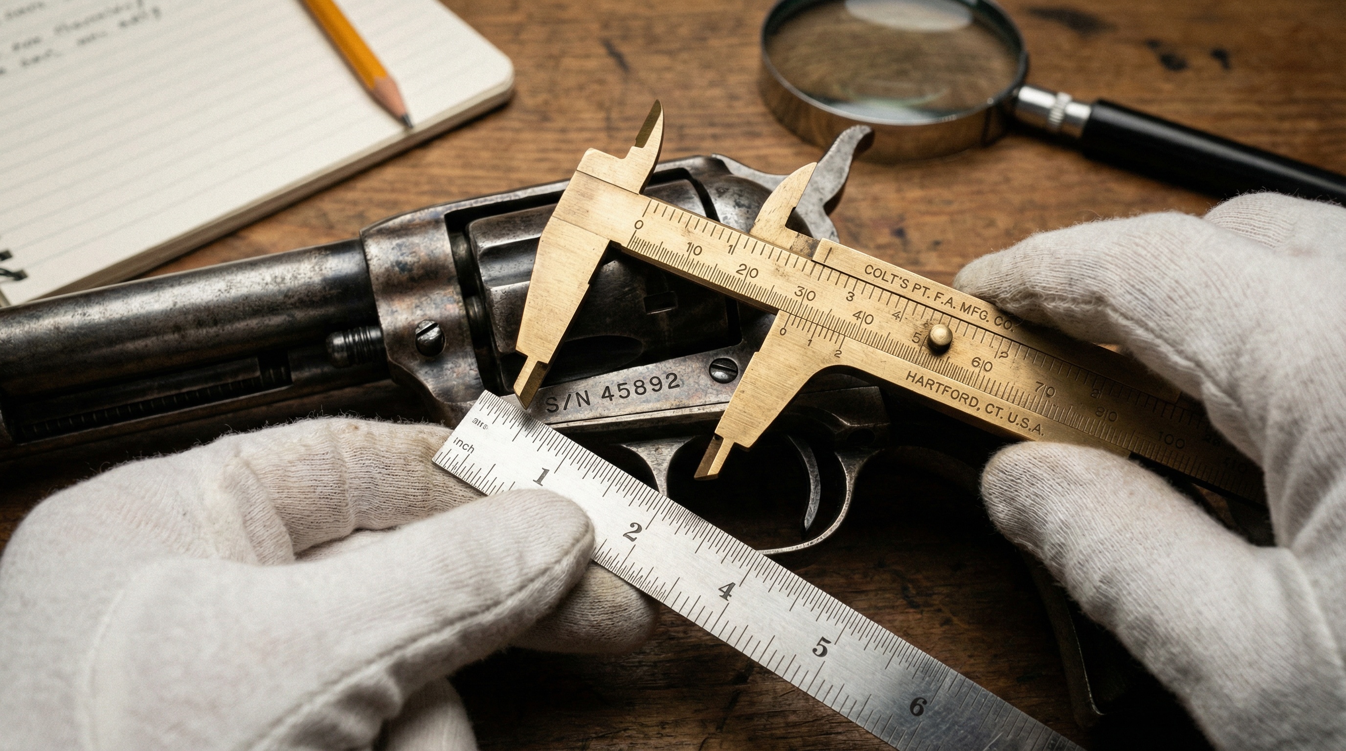 Close-up of antique firearm serial numbers and markings being documented with measuring tools