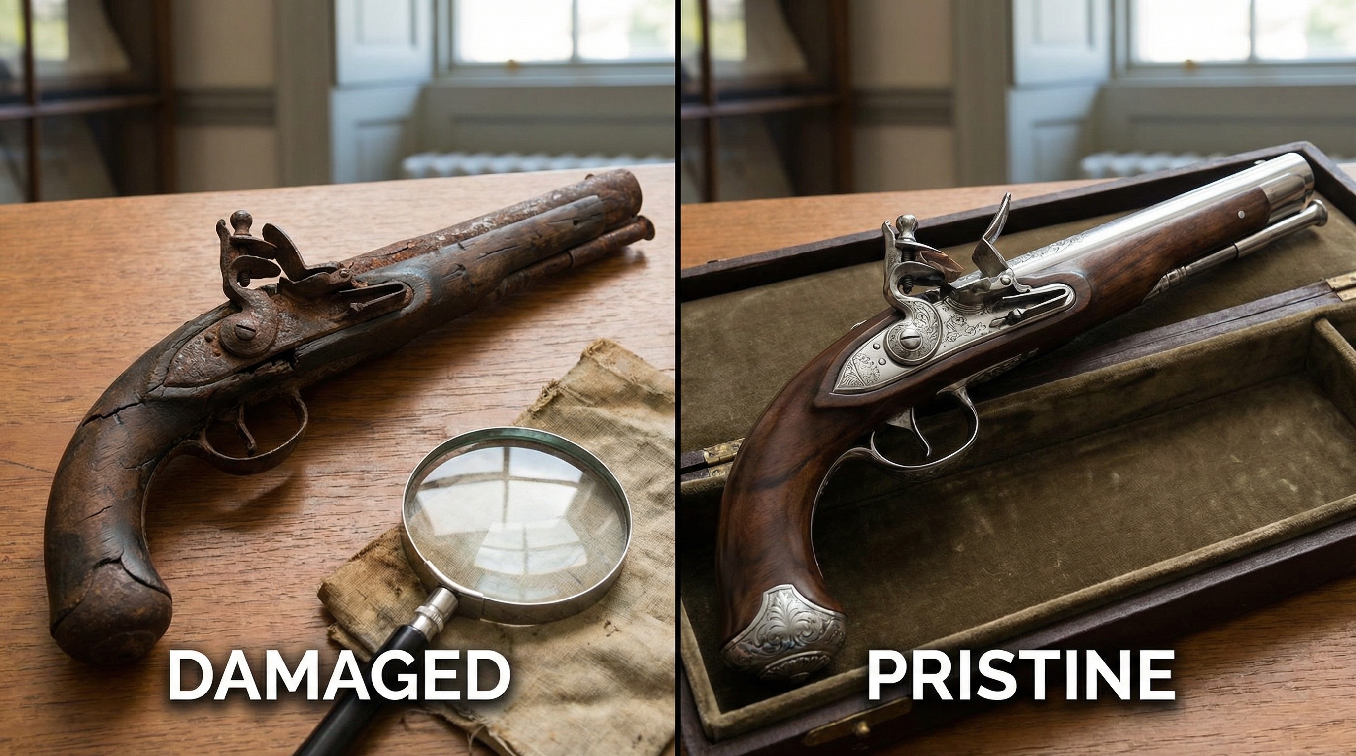 Comparison showing damaged vs pristine antique firearm conditions side by side