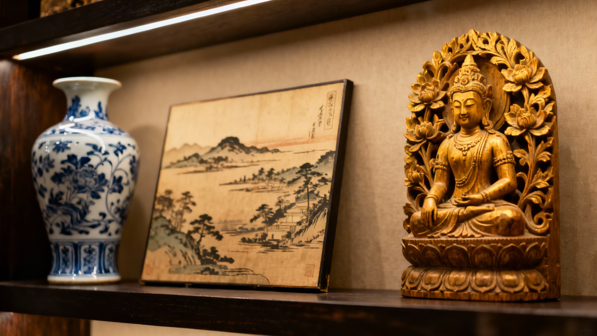 Asian antique collection showing Chinese porcelain vase, Japanese woodblock print, and Southeast Asian carved sculpture arranged on display
