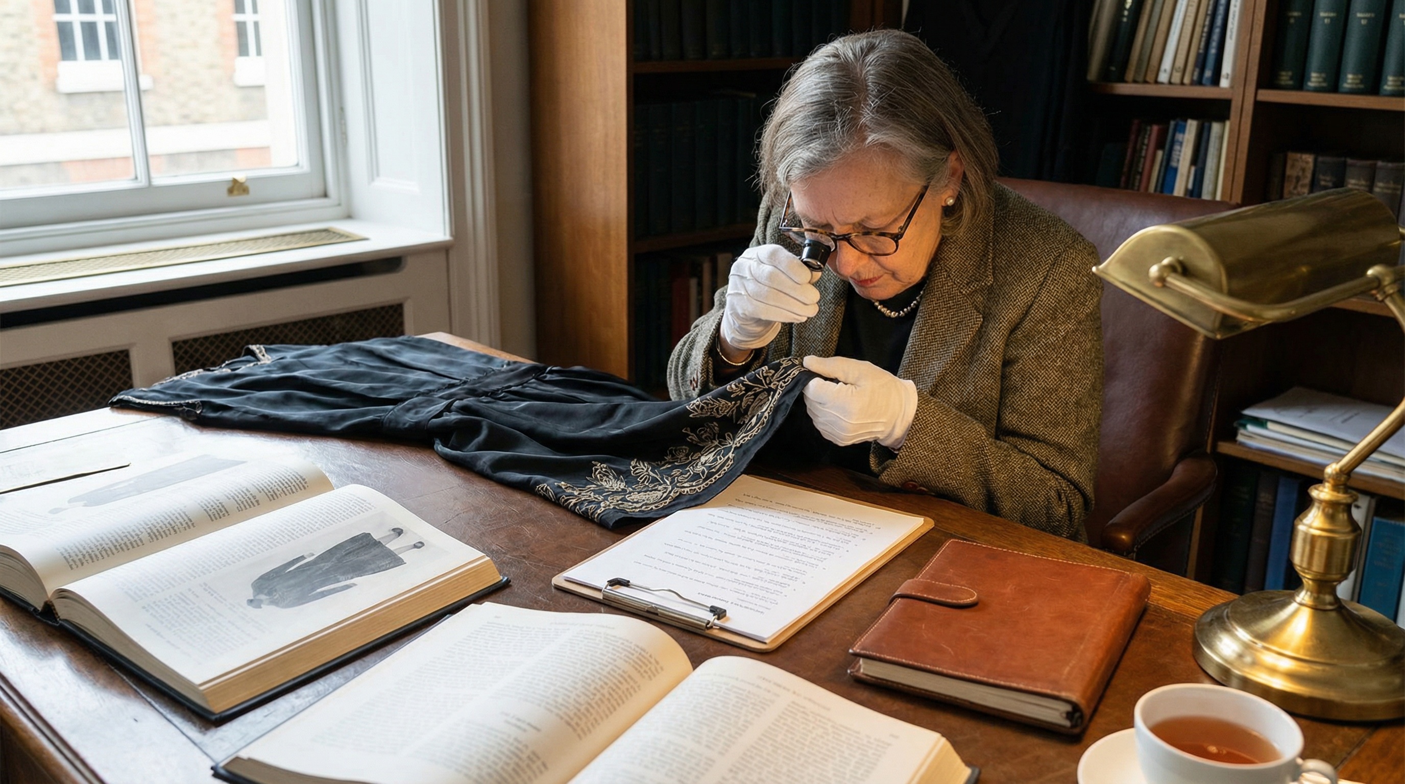 Professional appraiser examining vintage garment with magnifying glass and documentation