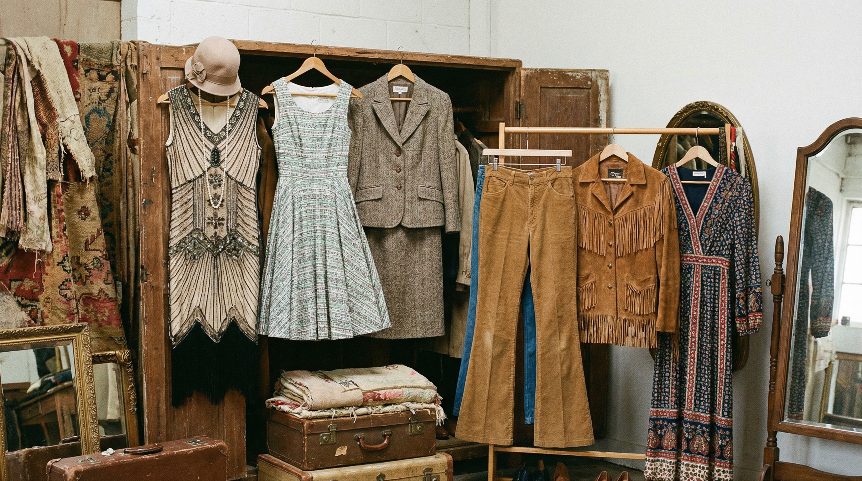 Vintage clothing collection displayed on hangers with various eras represented