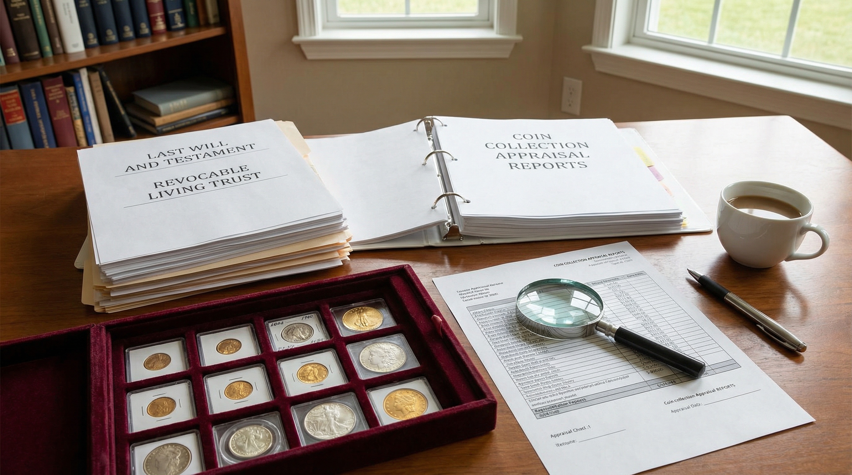 estate planning documents with coin collection and appraisal reports