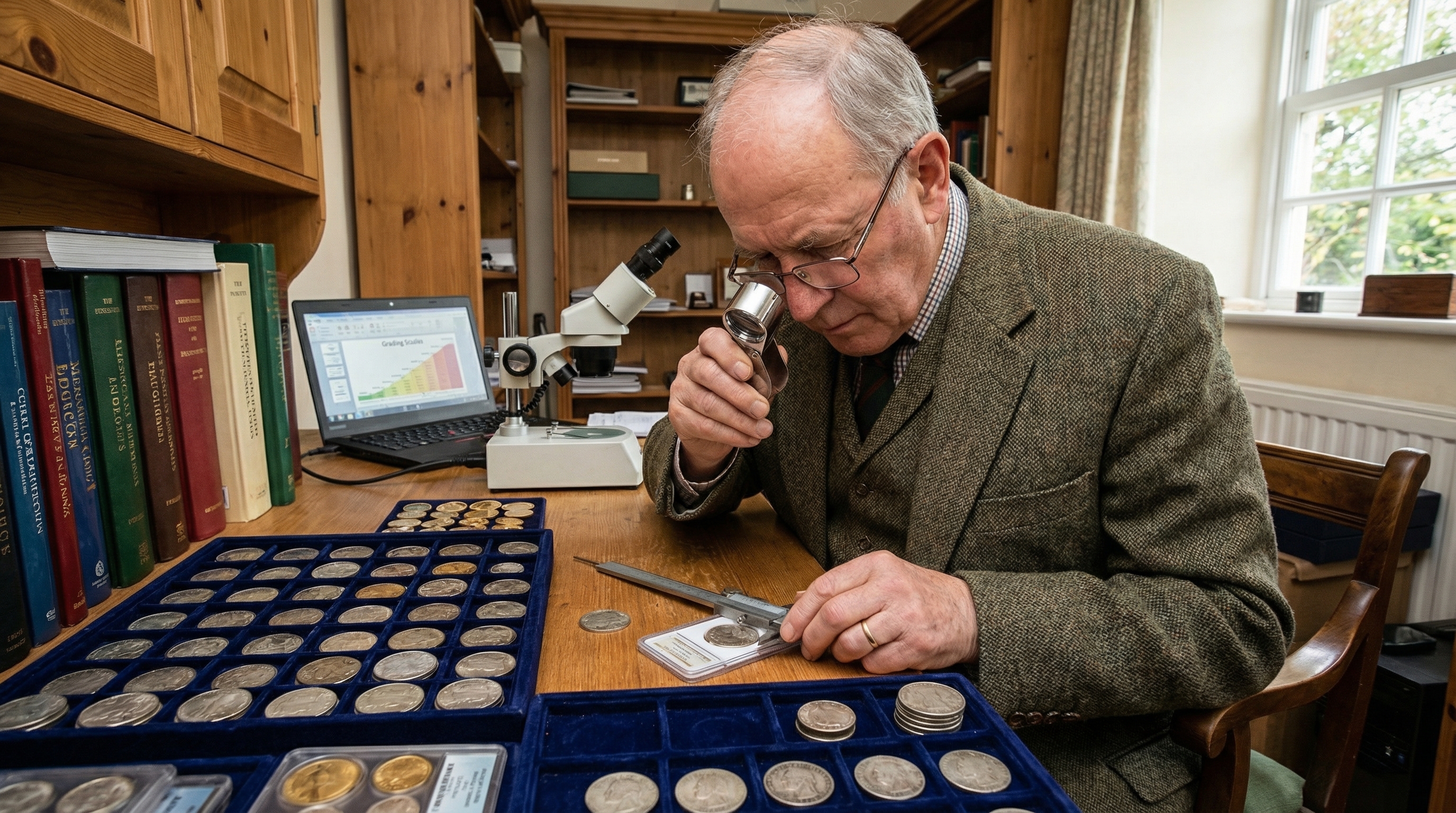 professional numismatist examining rare coins with magnifying glass and grading tools