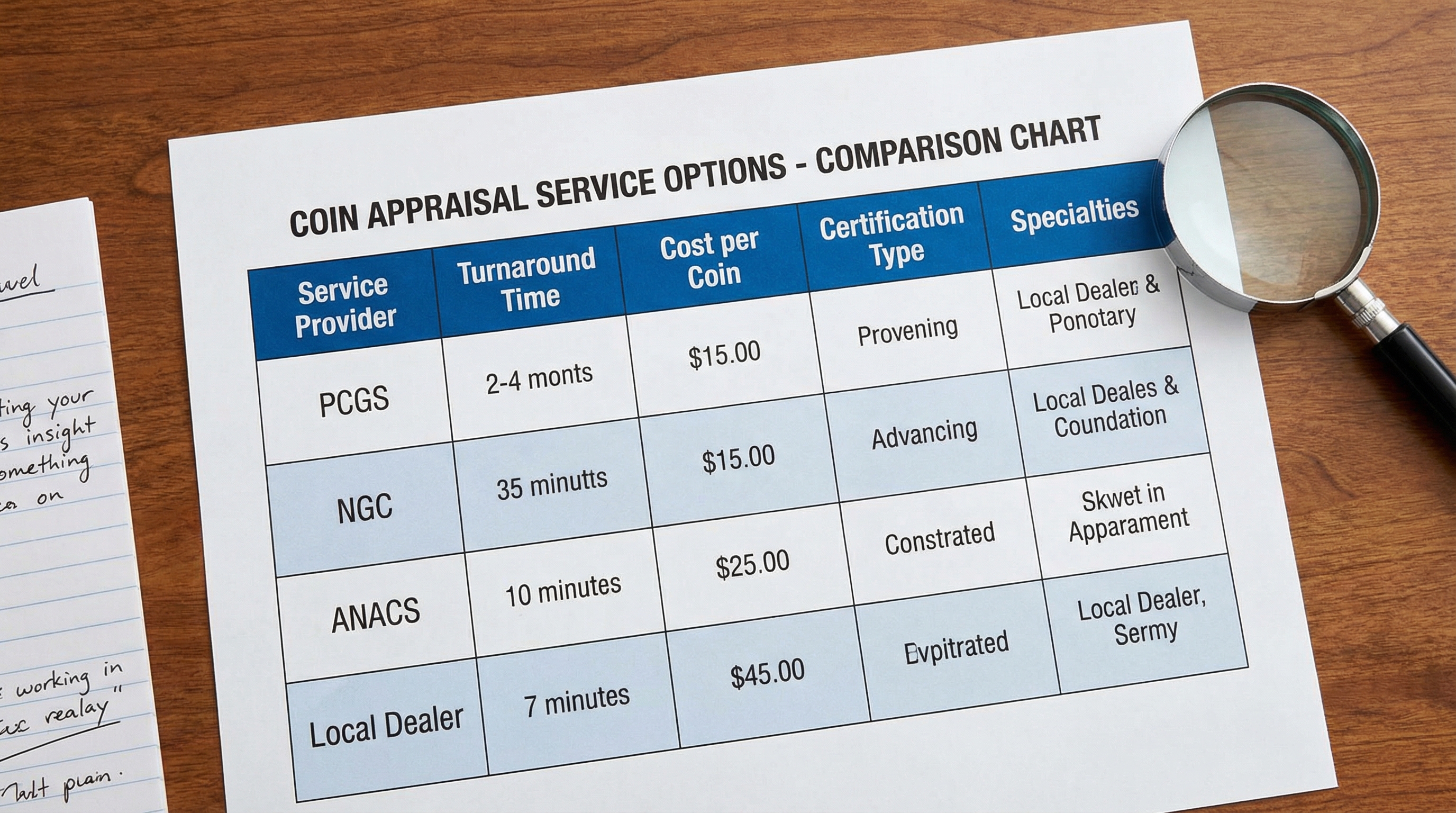 comparison chart showing different coin appraisal service options