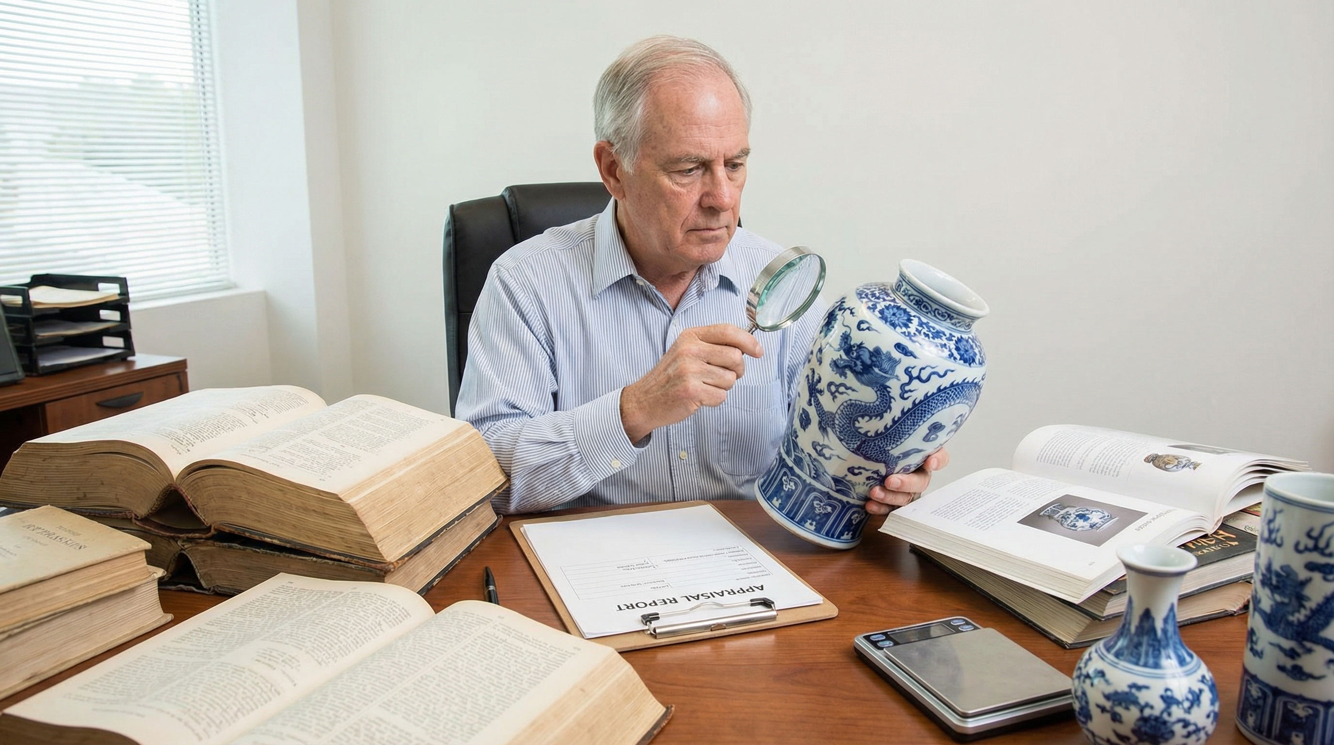 Professional appraiser examining Chinese porcelain with magnifying glass and reference books, showing the detailed evaluation process