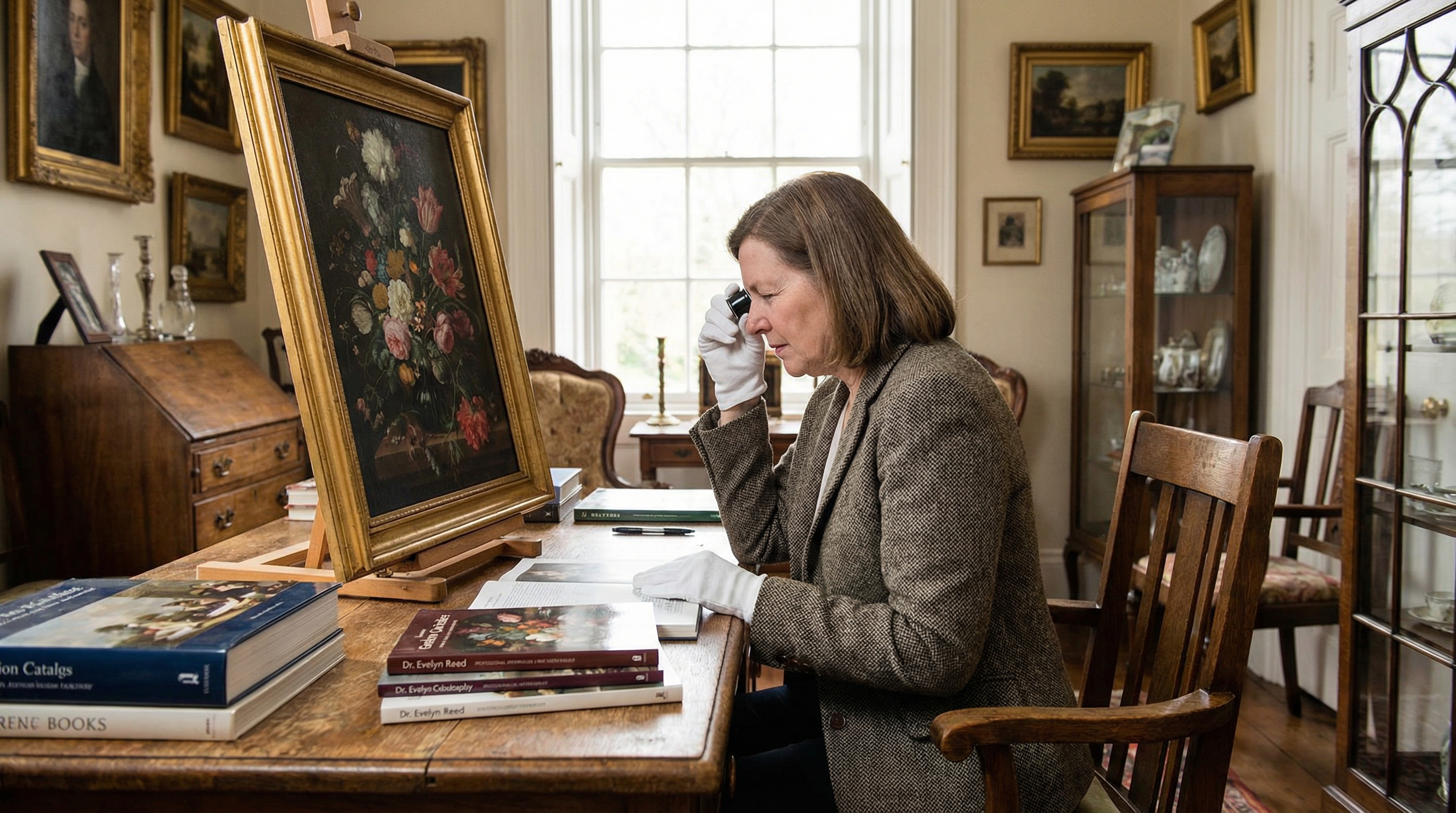 Professional appraiser examining an antique painting with a magnifying glass