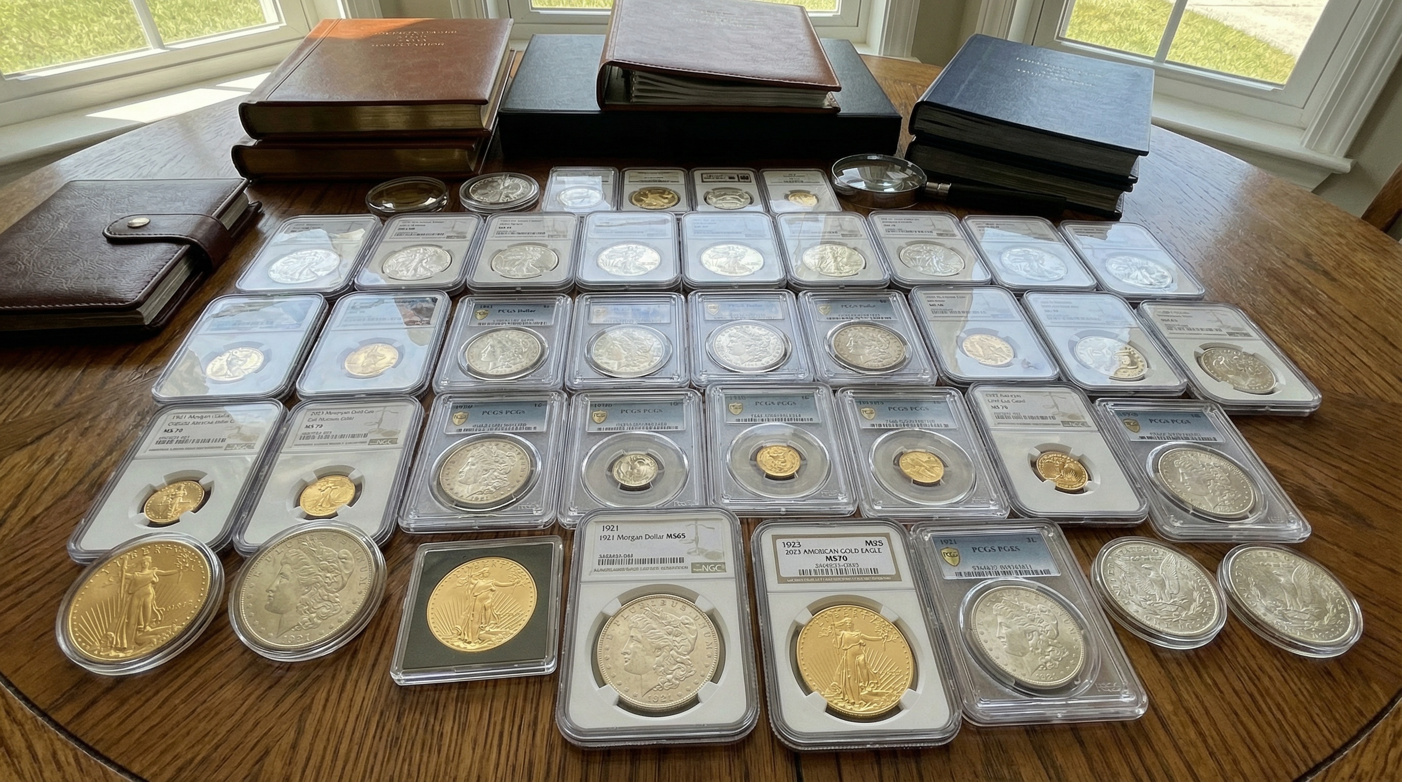 diverse collection of investment-grade coins including American Eagles, Morgan dollars, and graded coins in protective holders