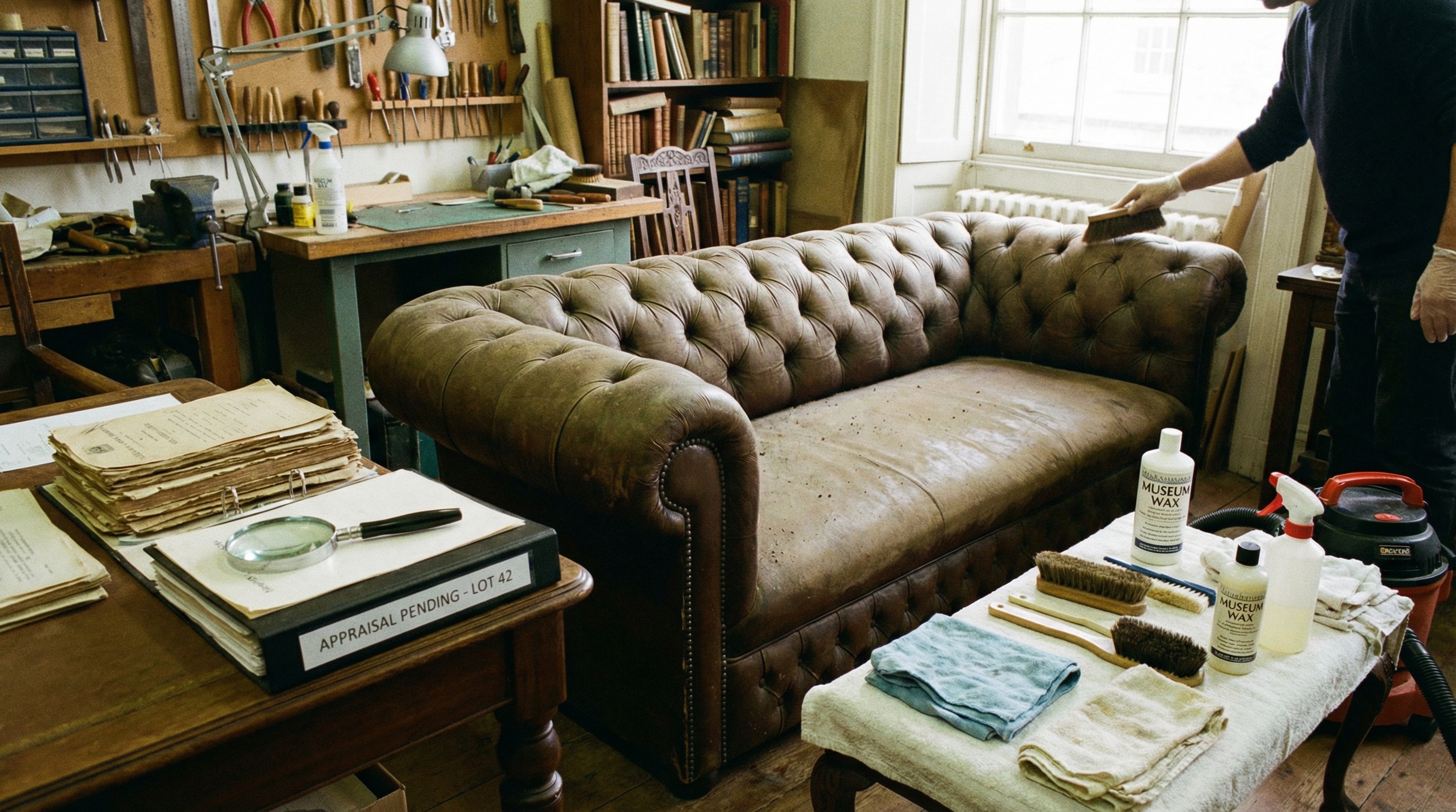 Antique couch being prepared for appraisal with documentation and cleaning supplies nearby