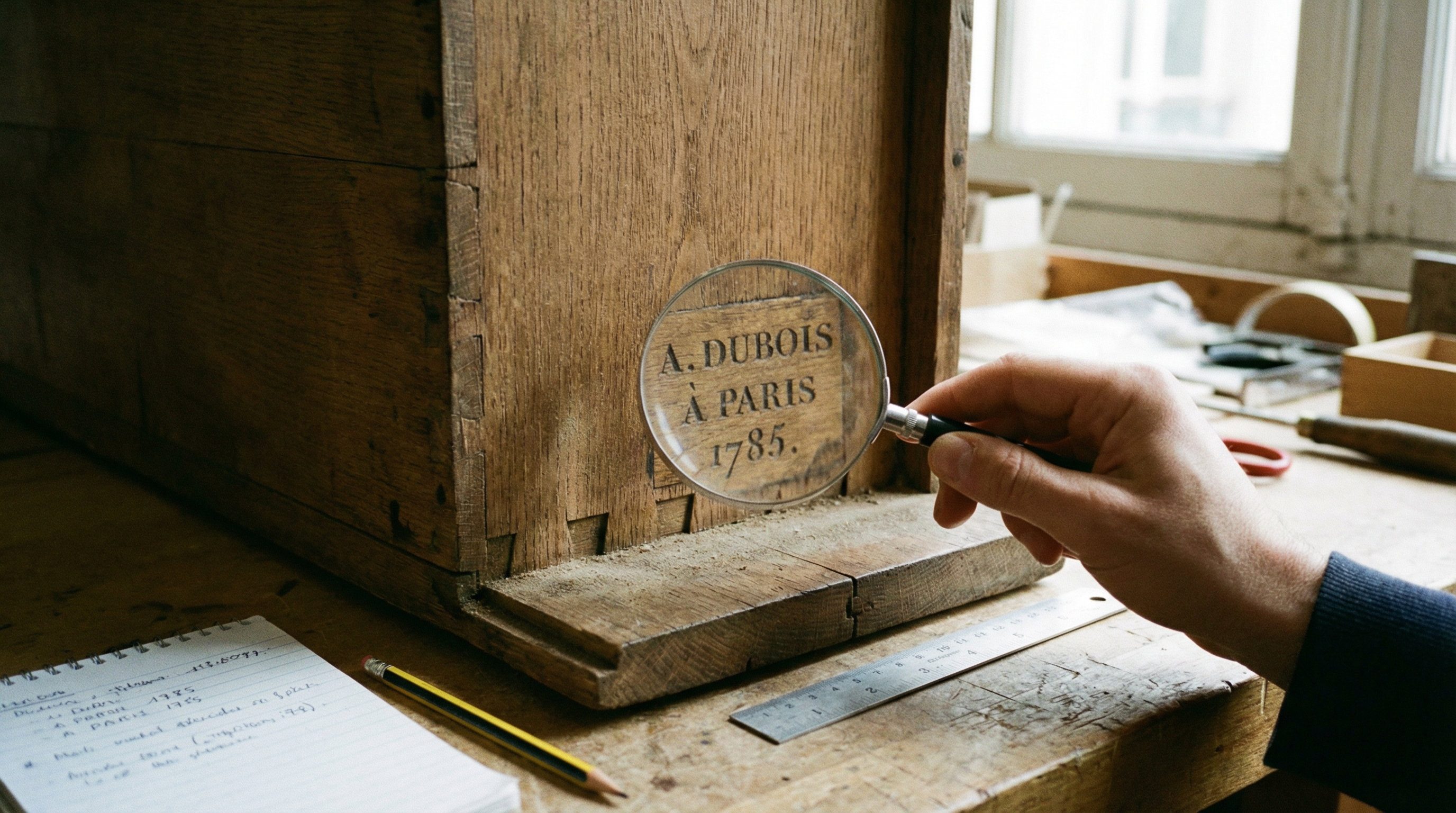 Close-up of antique furniture makers mark and joinery details being documented