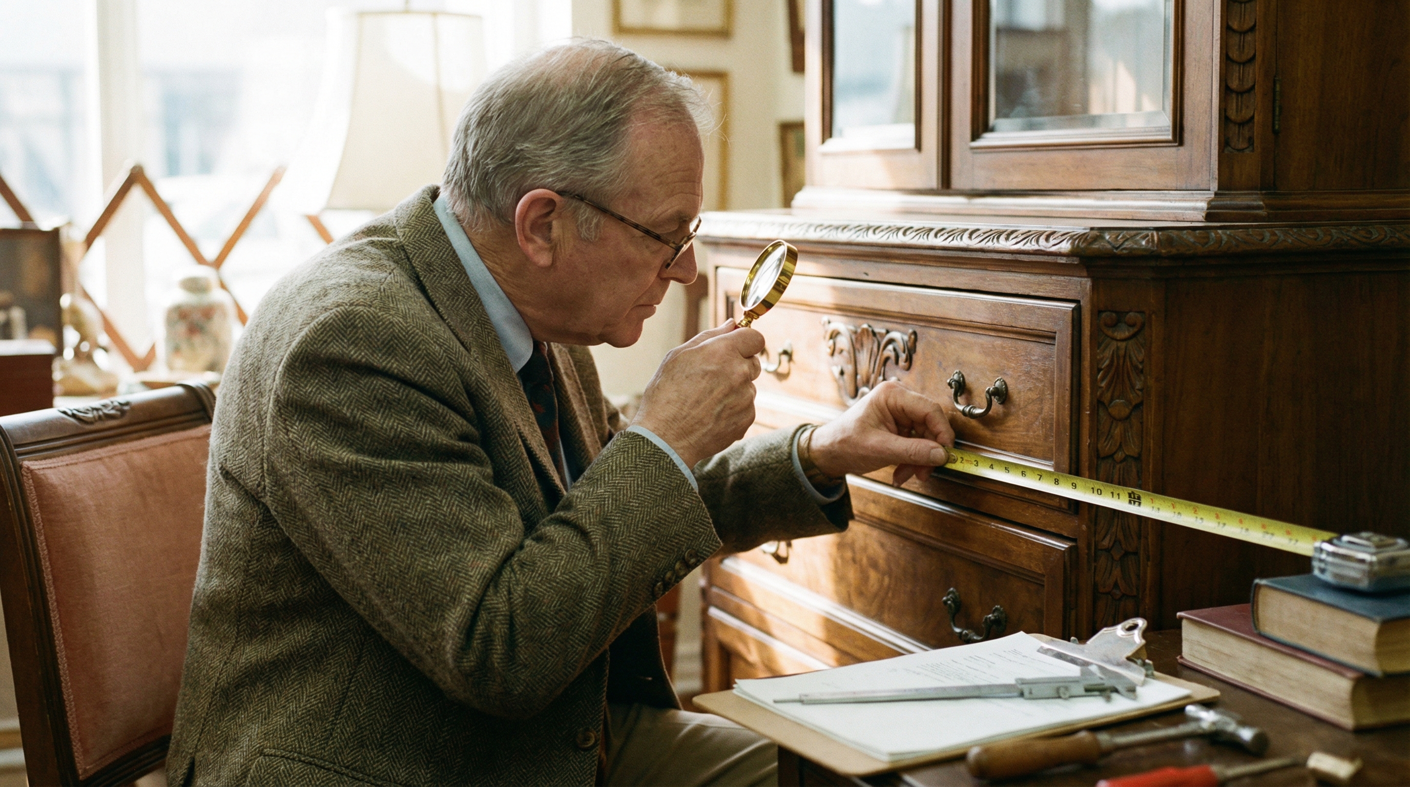 Professional appraiser examining antique wooden dresser with magnifying glass and measuring tools