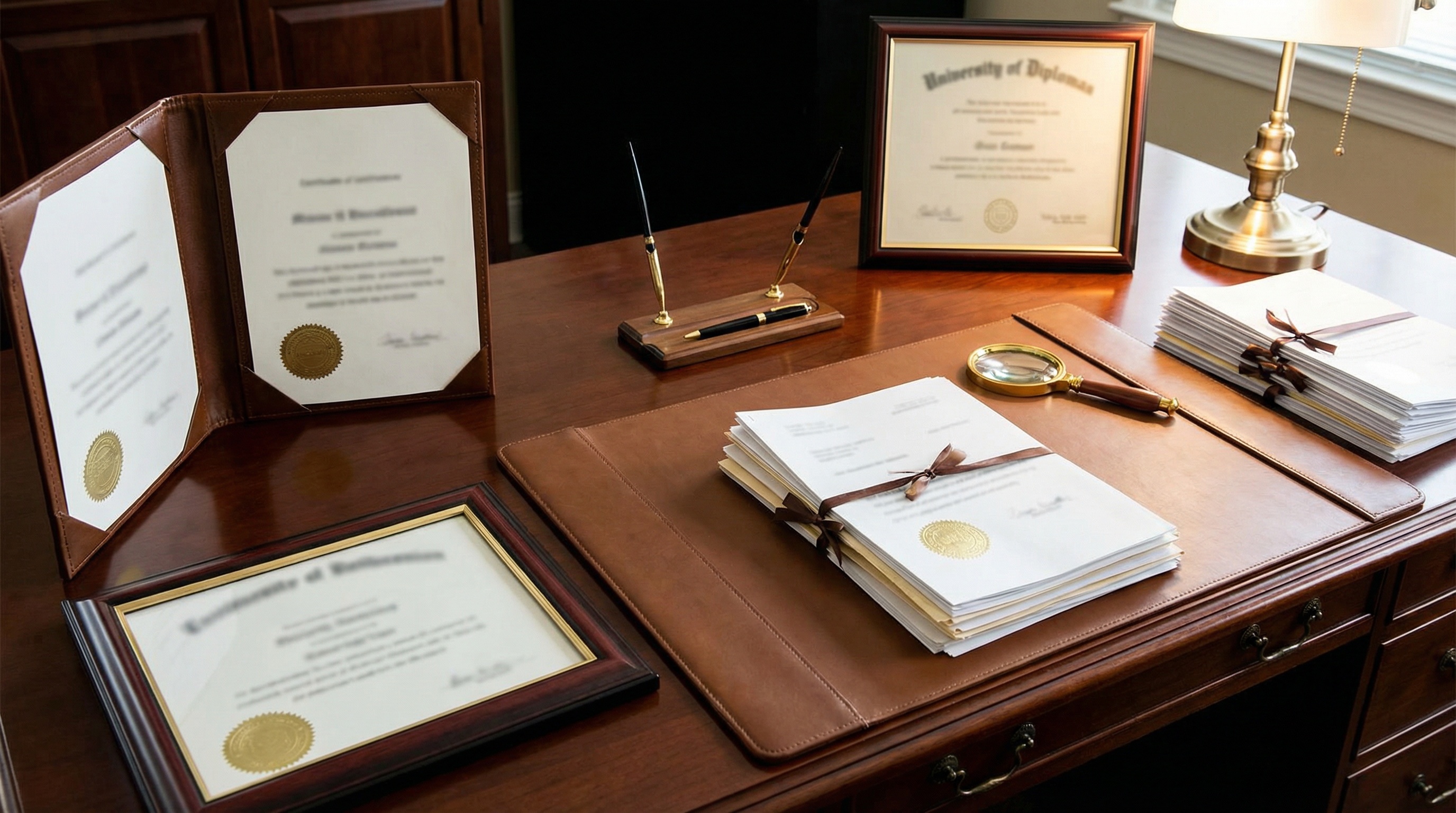 Certified appraiser credentials and documentation spread on desk