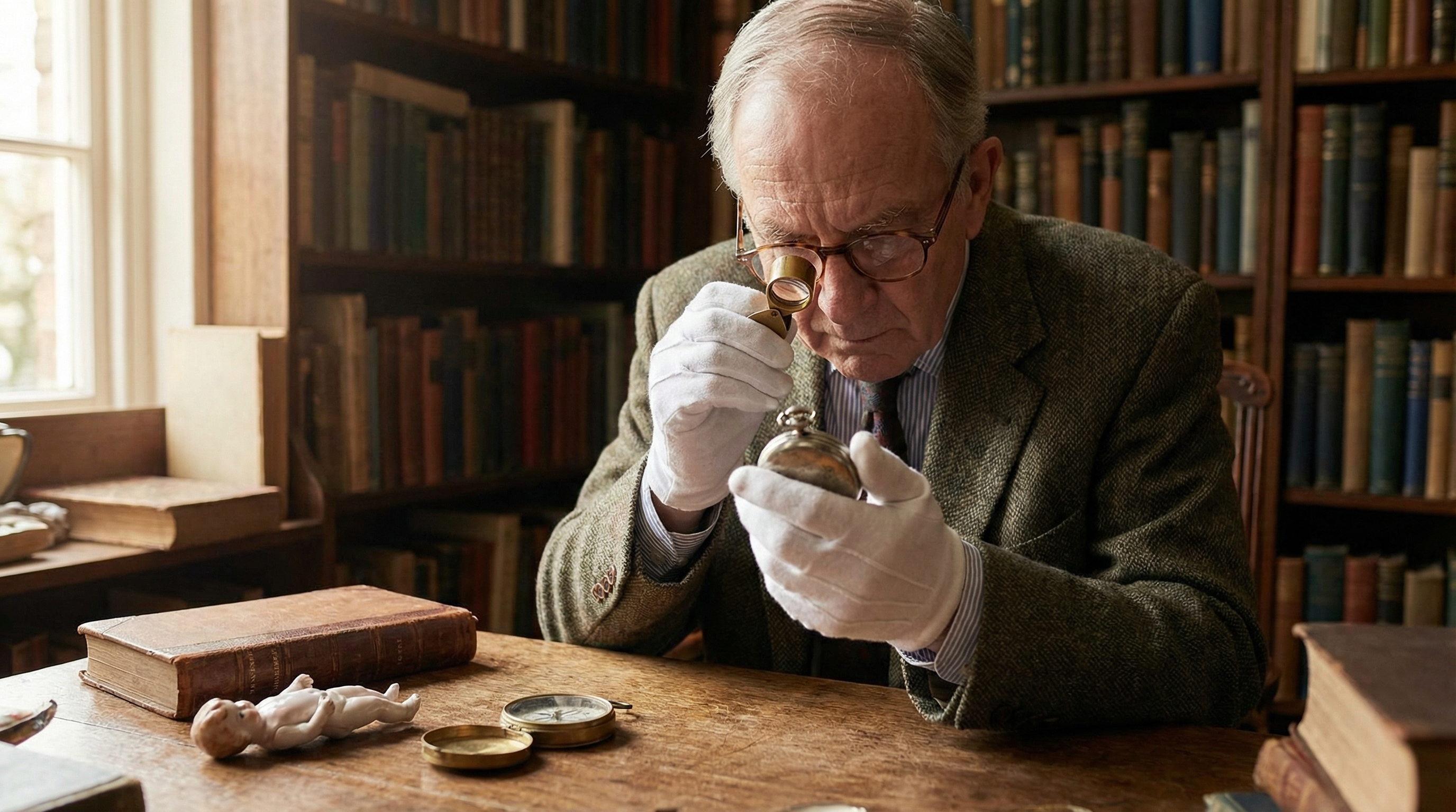 Antique appraisal expert examining vintage items with magnifying glass