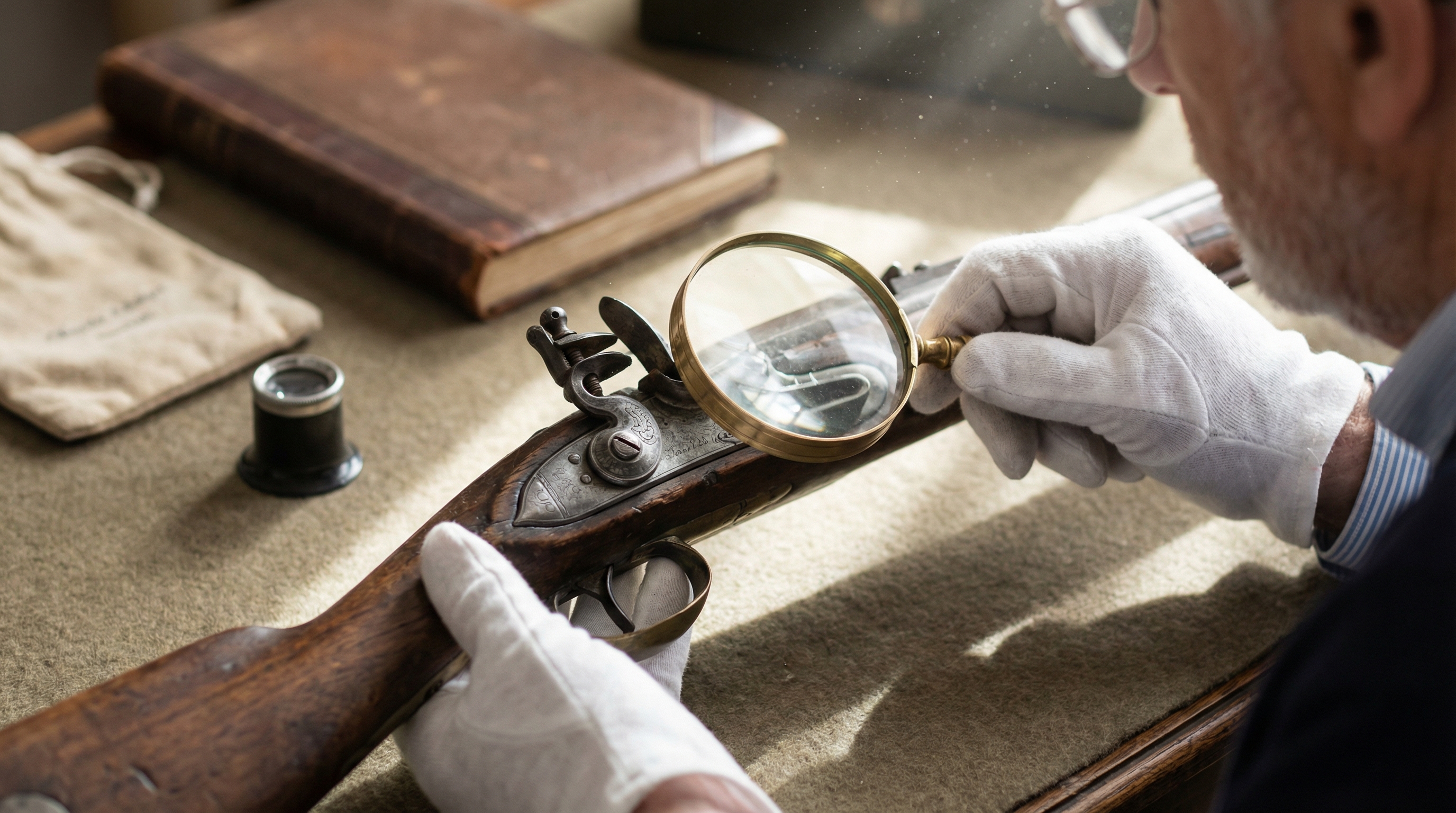 appraiser examining antique rifle