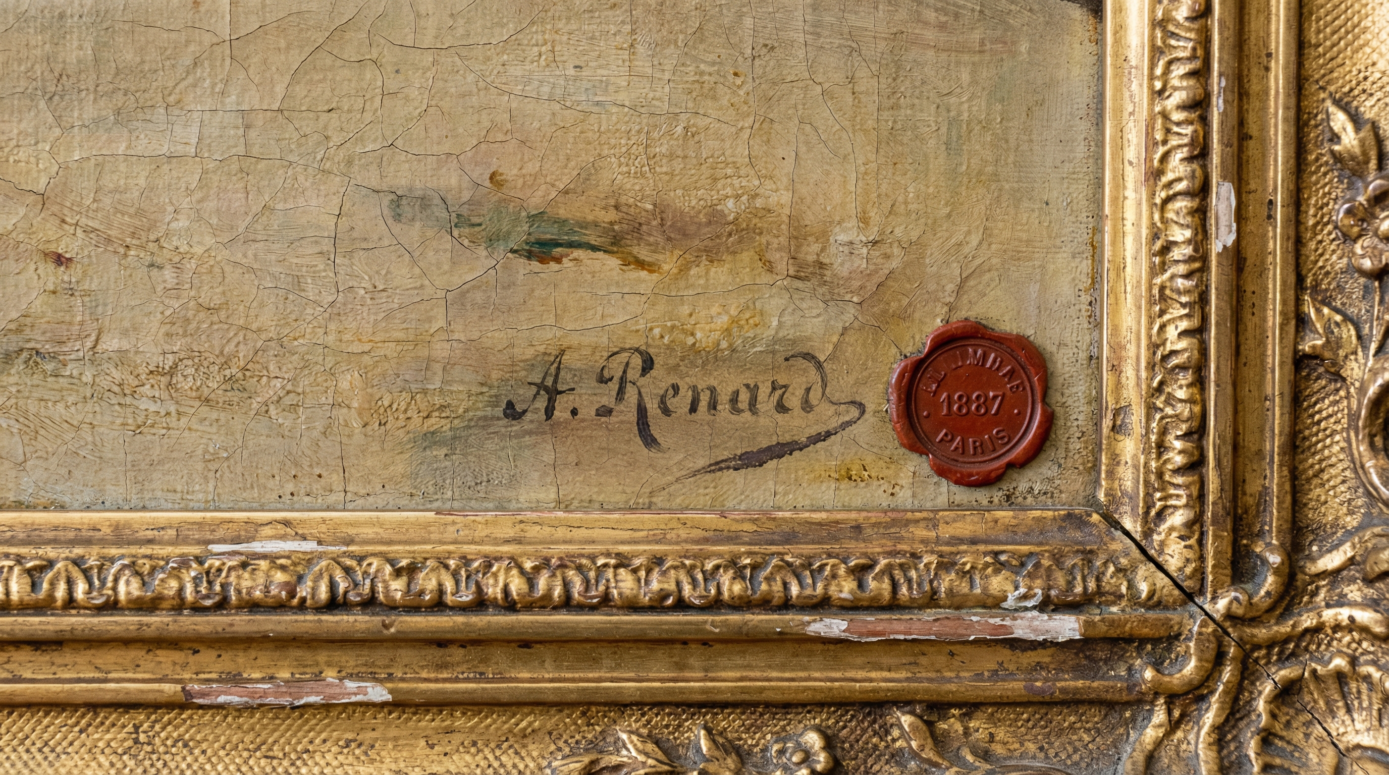 Close-up view of an antique painting showing artist signature and date stamp