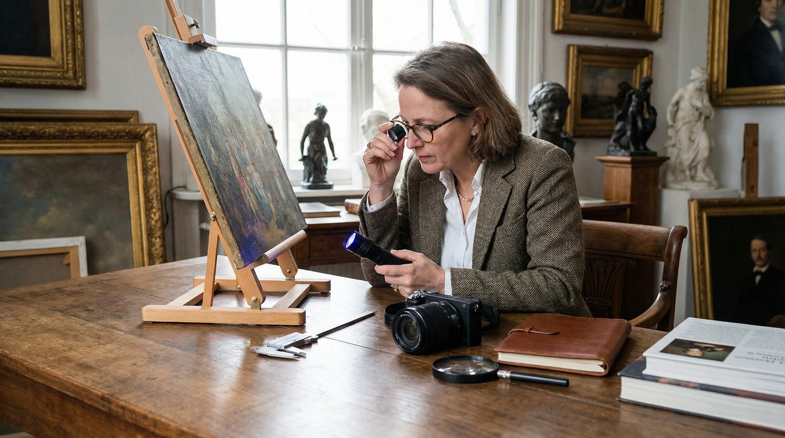 Professional appraiser examining antique artwork with professional tools