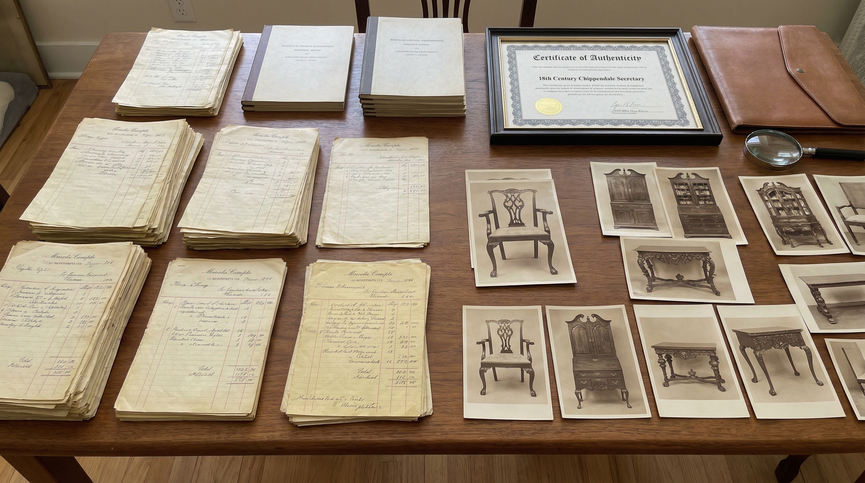 Organized documentation and photos spread on table showing antique furniture receipts, certificates and detailed photographs
