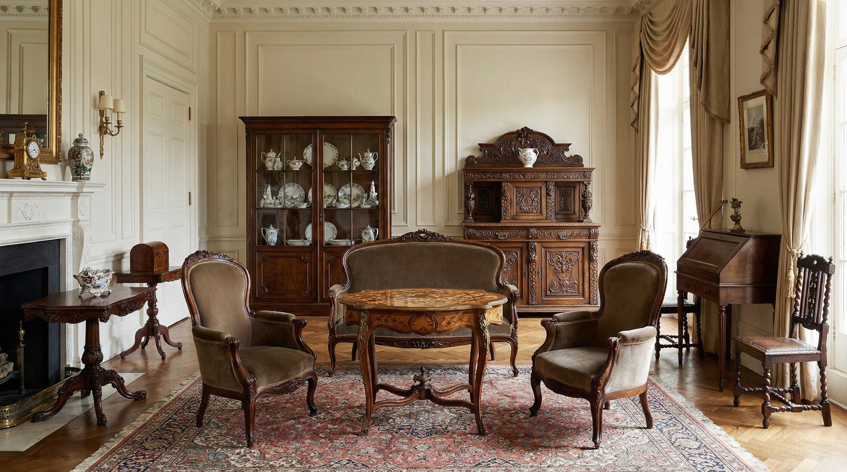 Antique furniture collection in elegant room showing various pieces like Victorian chairs, ornate tables and vintage cabinets