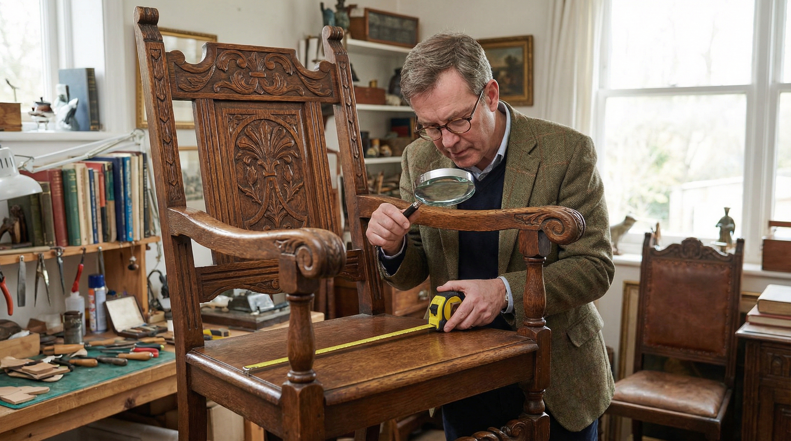 Professional appraiser examining antique wooden chair with magnifying glass and measuring tools