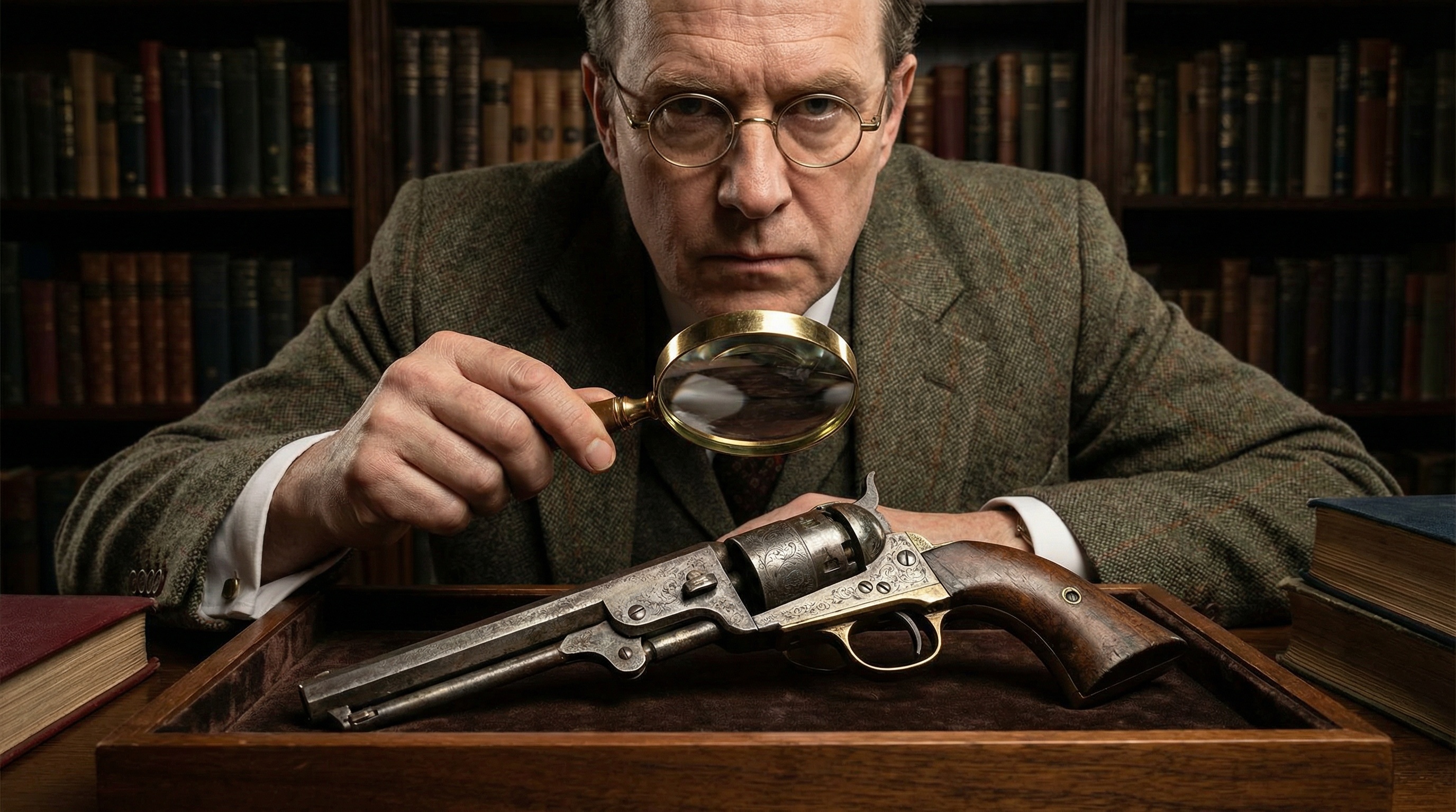Professional appraiser examining an antique revolver with a magnifying glass