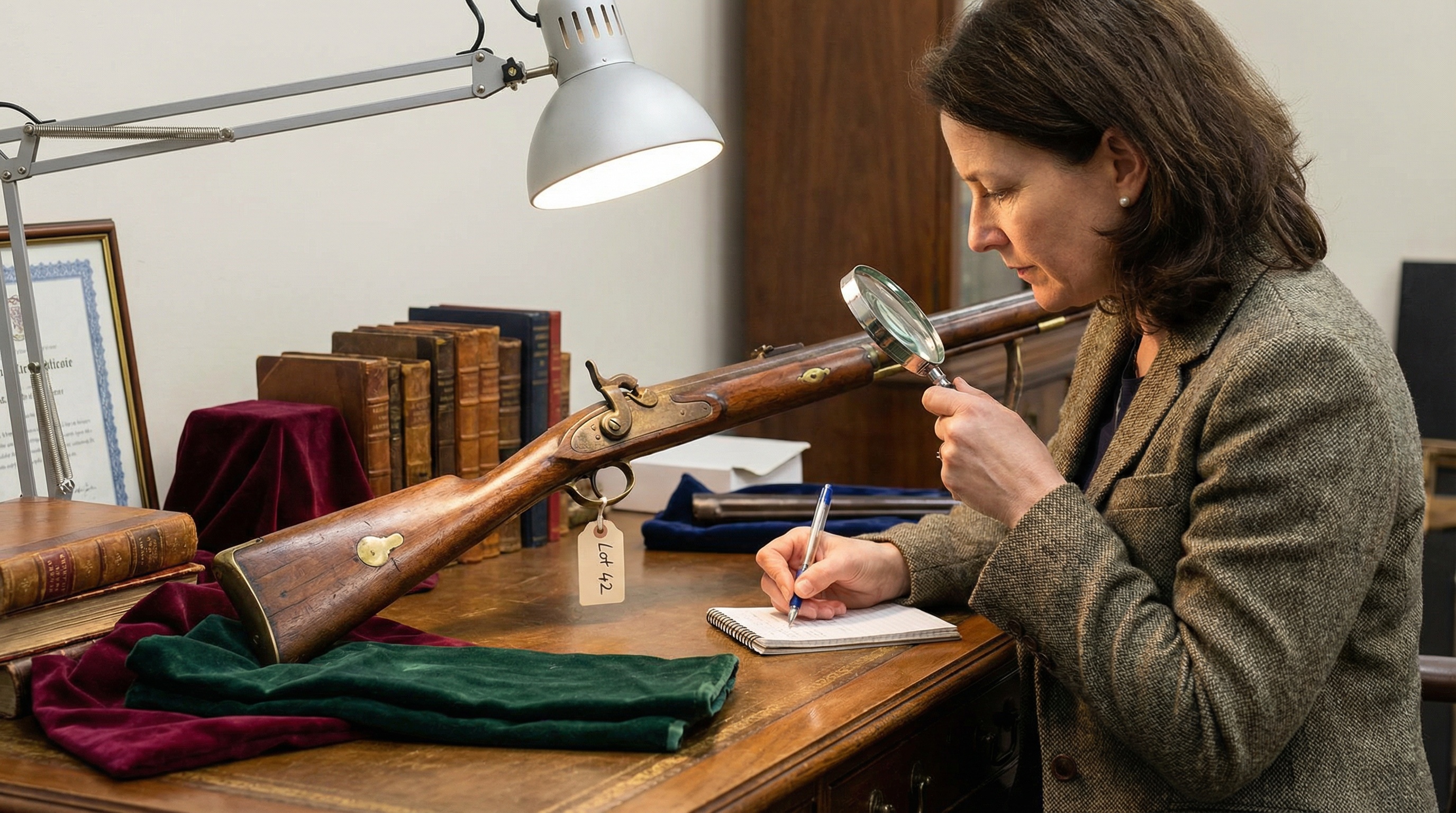 Professional appraiser documenting an antique rifle with detailed notes