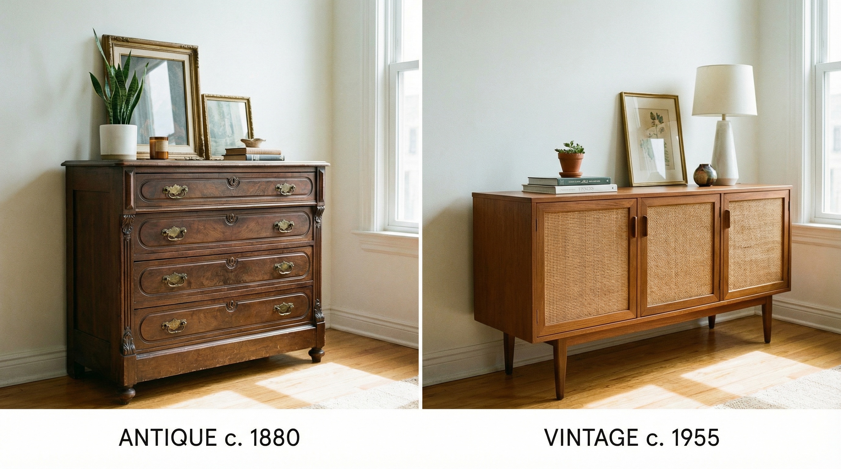 Side by side comparison of antique and vintage furniture pieces
