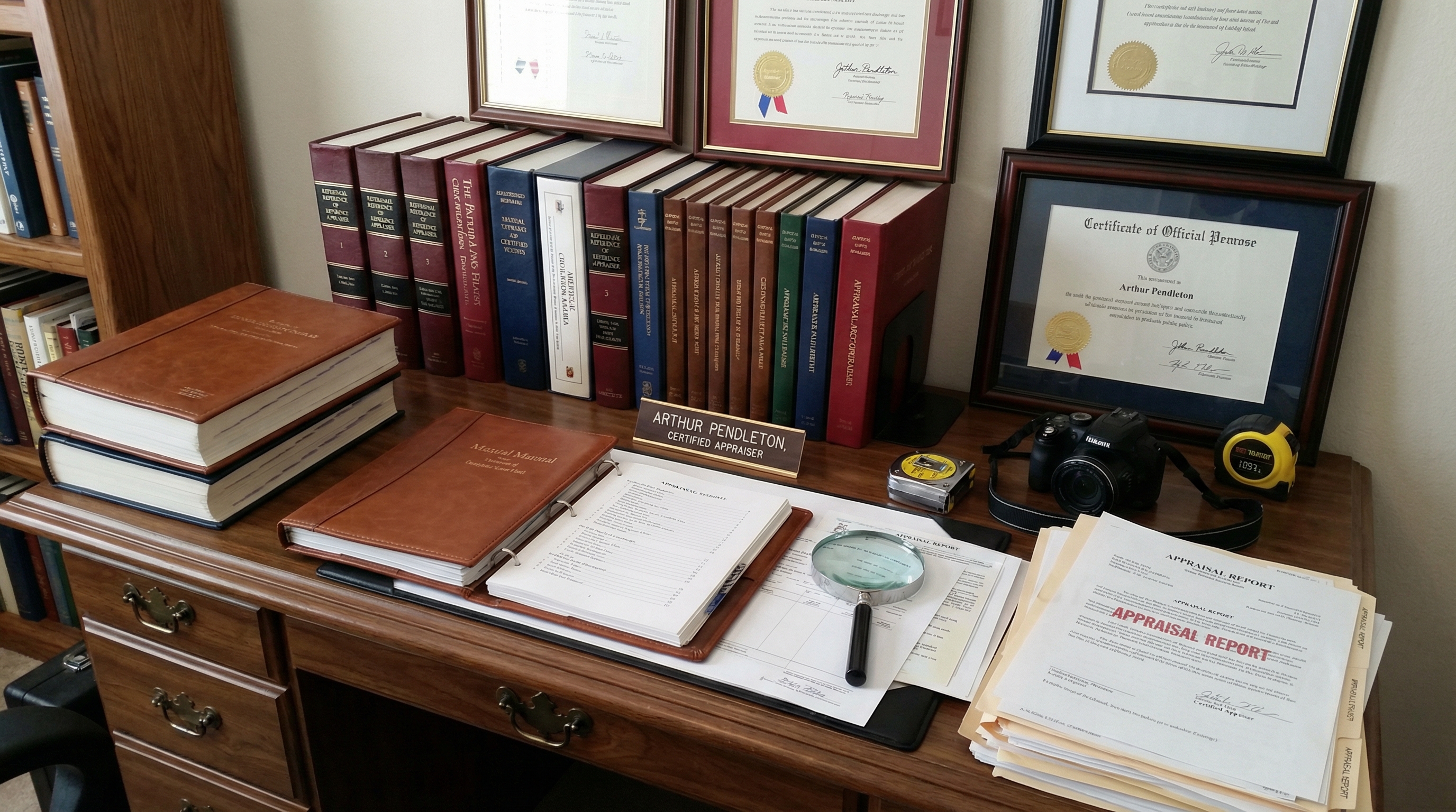 appraiser's workspace showing certification documents, reference books, and professional tools