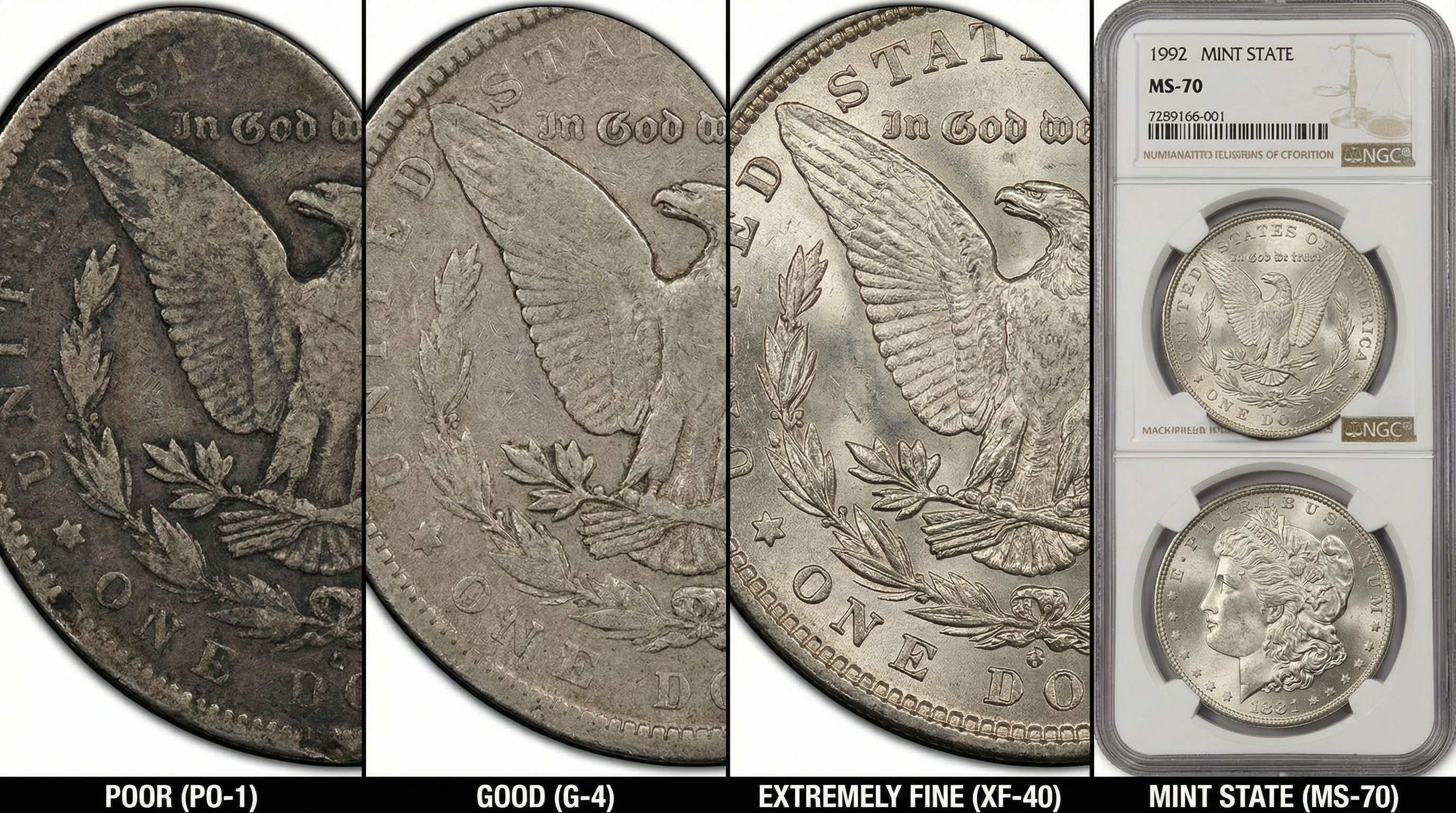 close-up comparison of coin grading showing different conditions from poor to mint state