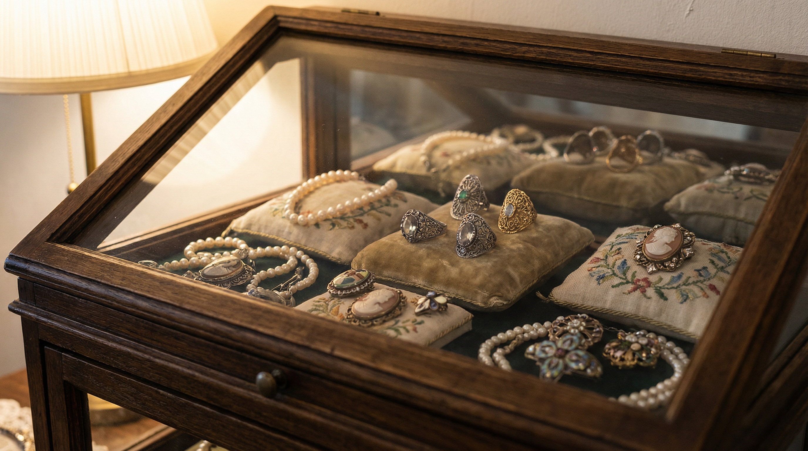 Antique jewelry collection with vintage rings, necklaces and brooches on elegant display