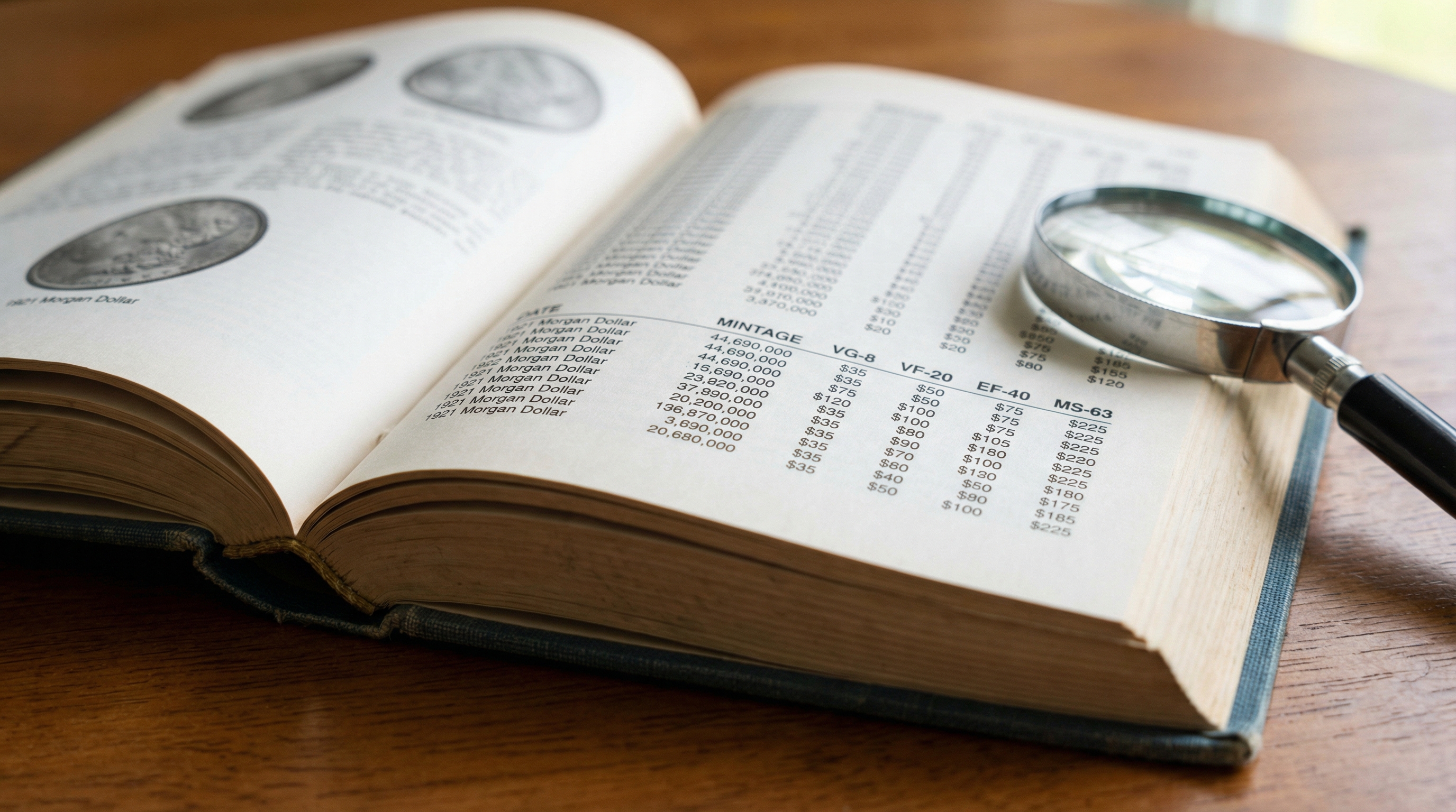 Coin reference book open showing mintage numbers and values