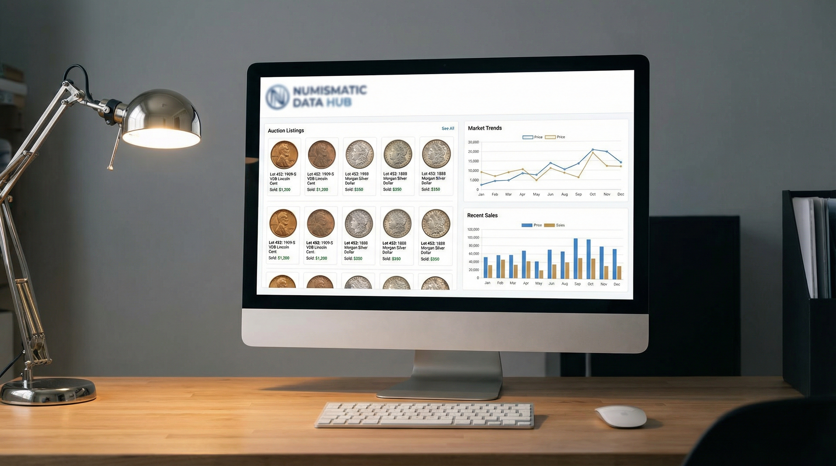 Computer screen showing coin auction results and price comparisons