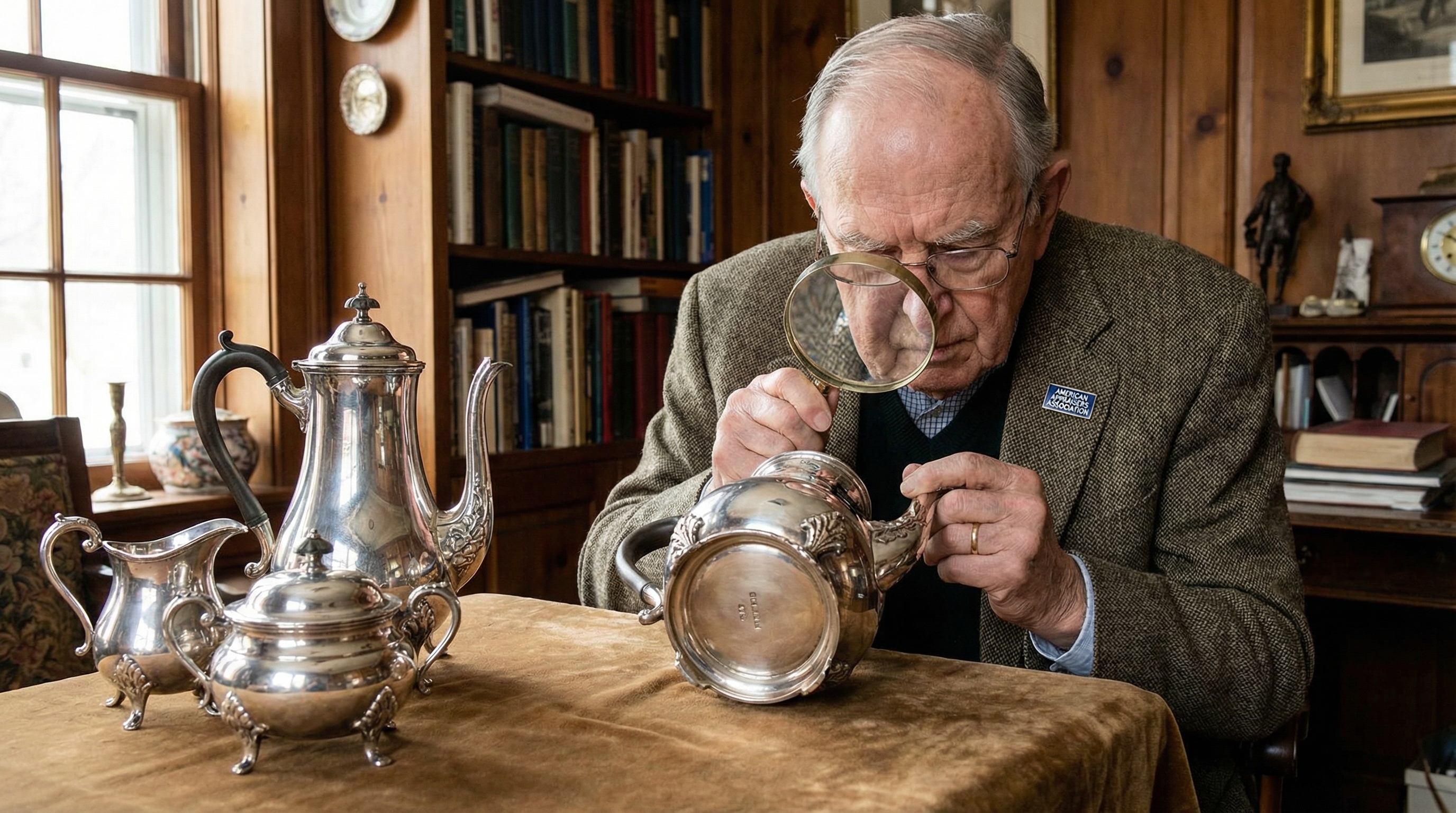 professional appraiser examining antique silver tea set with magnifying glass