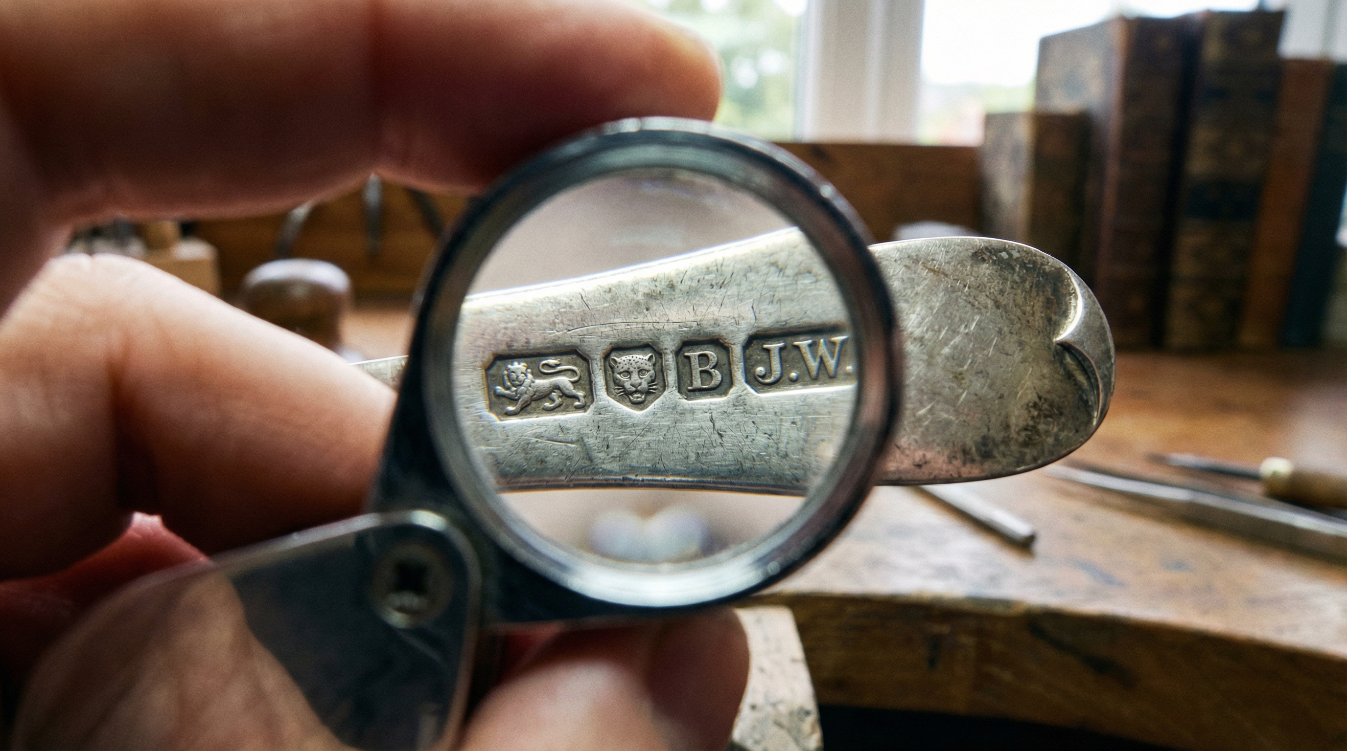 close-up of antique silver hallmarks being examined under magnification