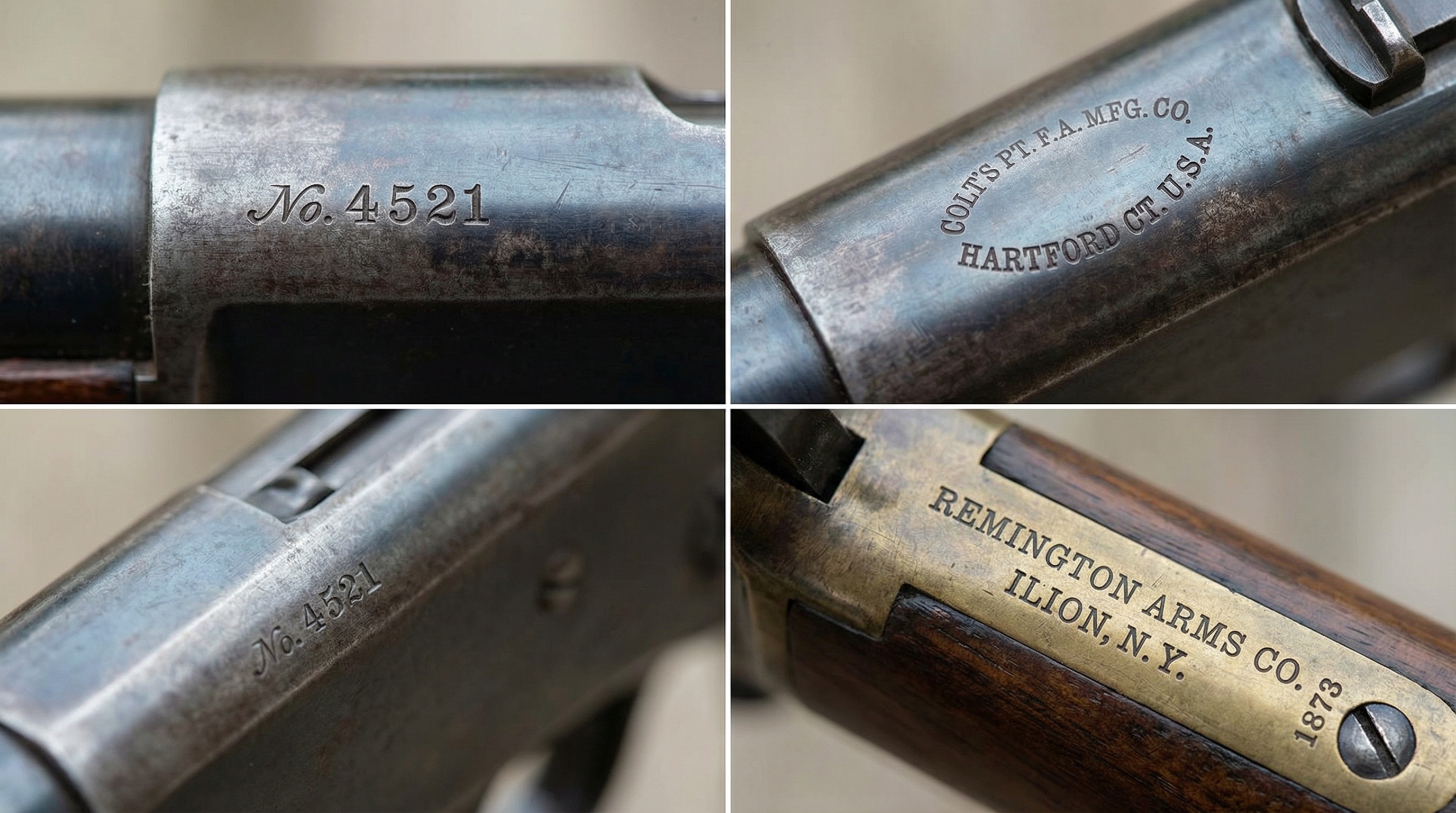 Detailed documentation photos of antique gun serial numbers and markings