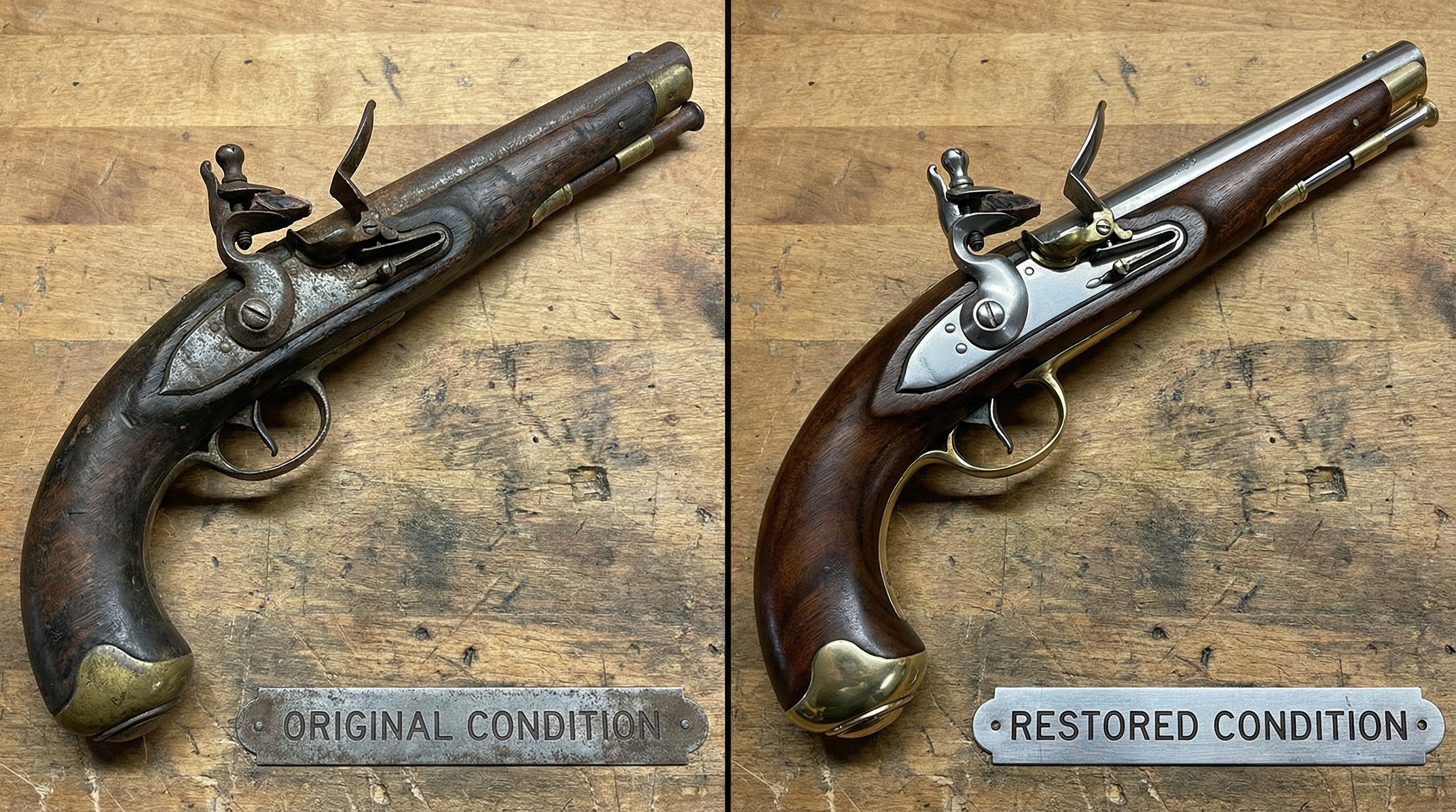 Comparison of original versus restored antique gun condition