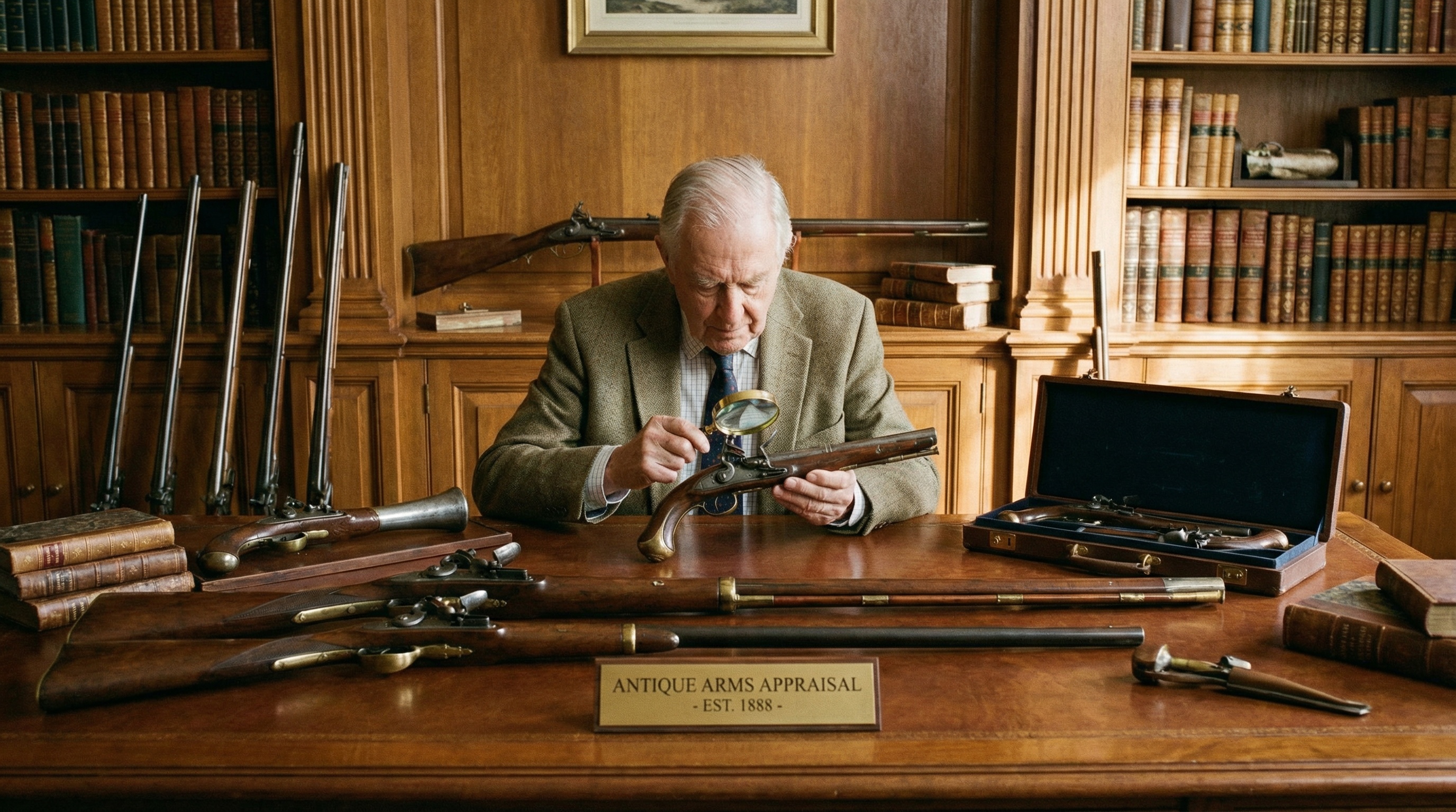 Antique firearms collection being professionally appraised