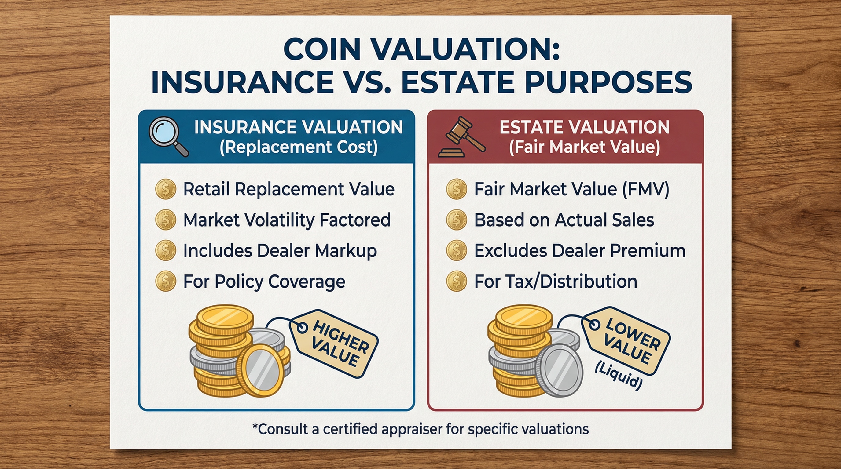 Comparison chart showing different coin values for insurance vs estate purposes
